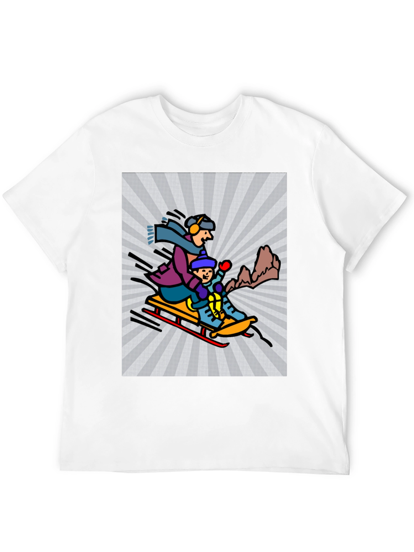 Cartoon Graphic T-Shirt: Winter Sledding Design