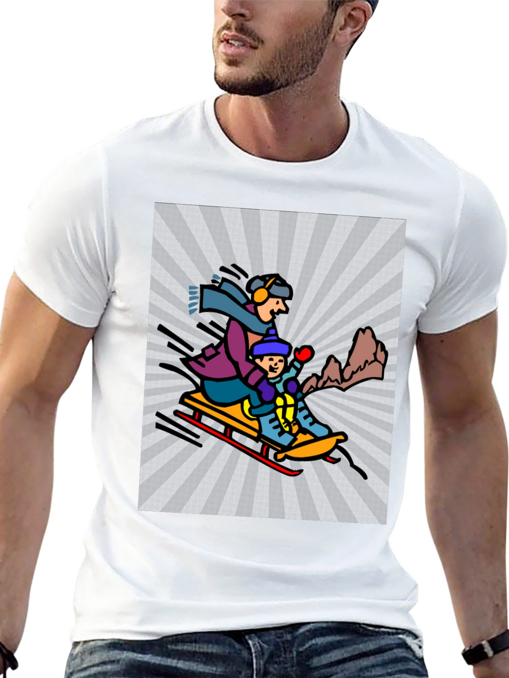 Cartoon Graphic T-Shirt: Winter Sledding Design
