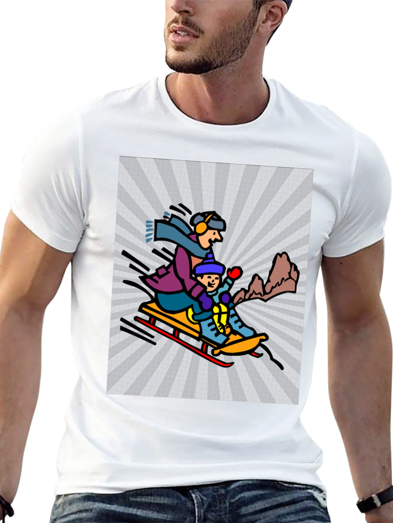 Cartoon Graphic T-Shirt: Winter Sledding Design