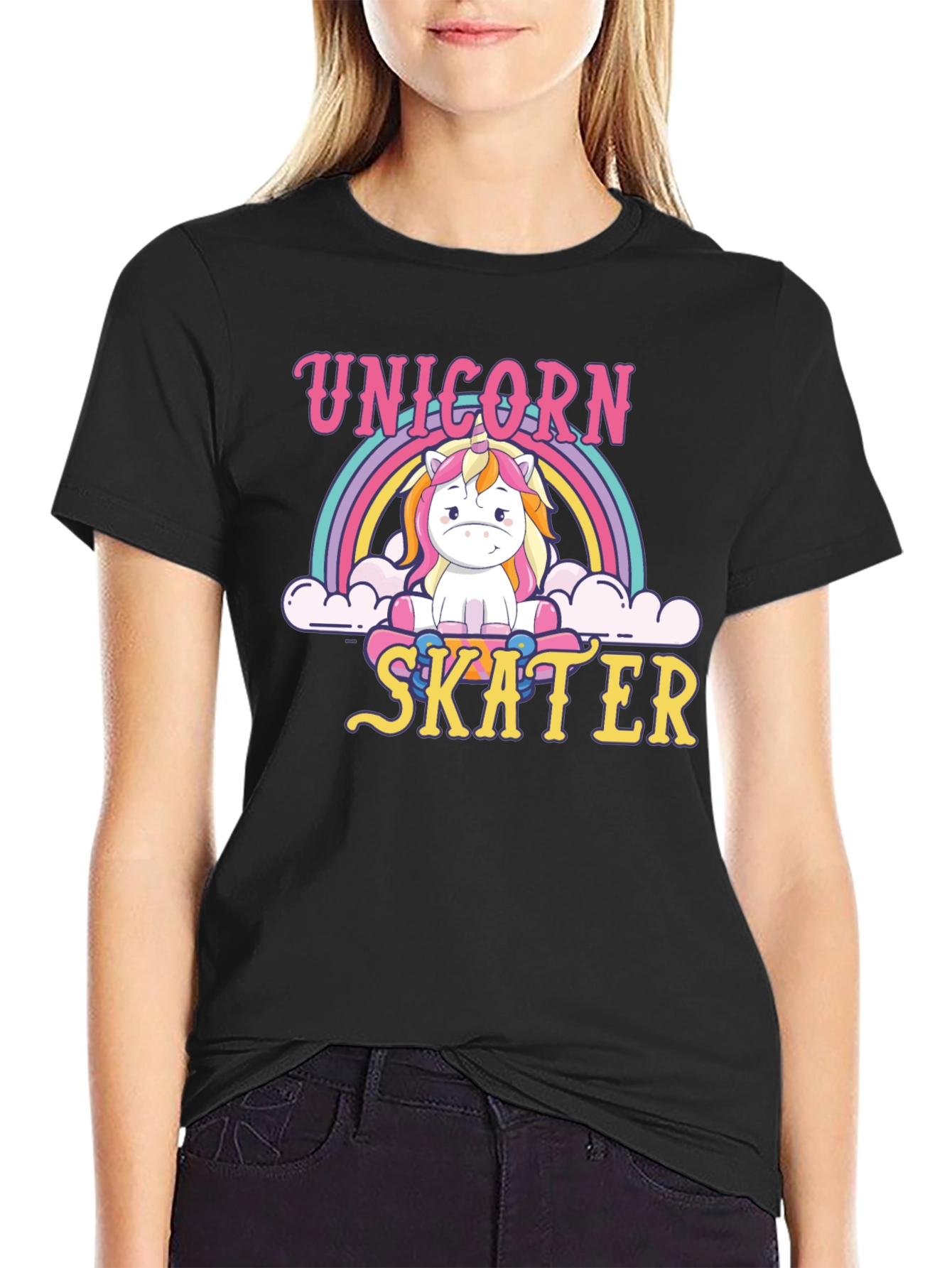 Unicorn Skater Graphic Tee - Black Cotton T-Shirt