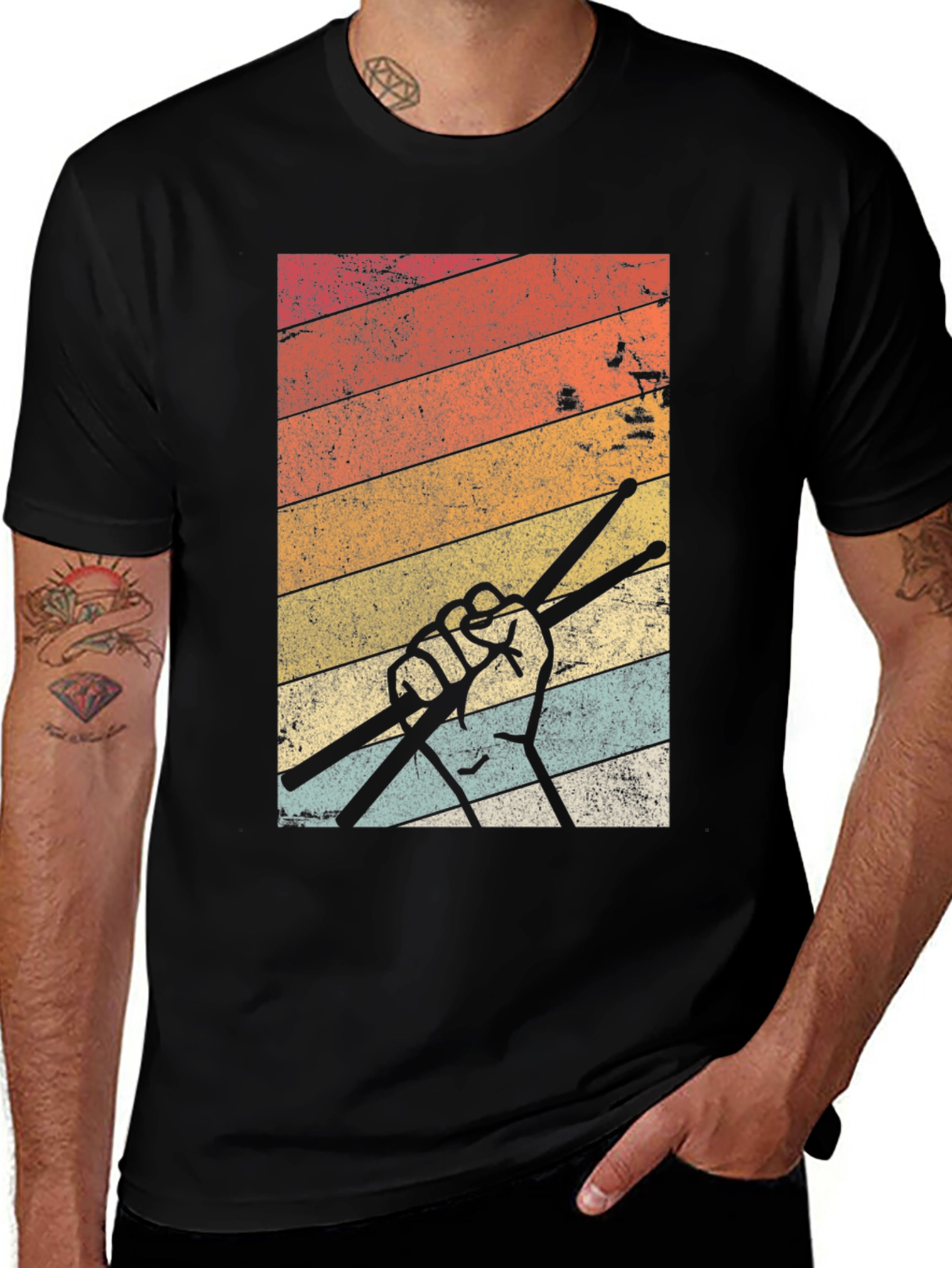 Retro Drummer T-Shirt Vintage Stripes Drumsticks Graphic Tee