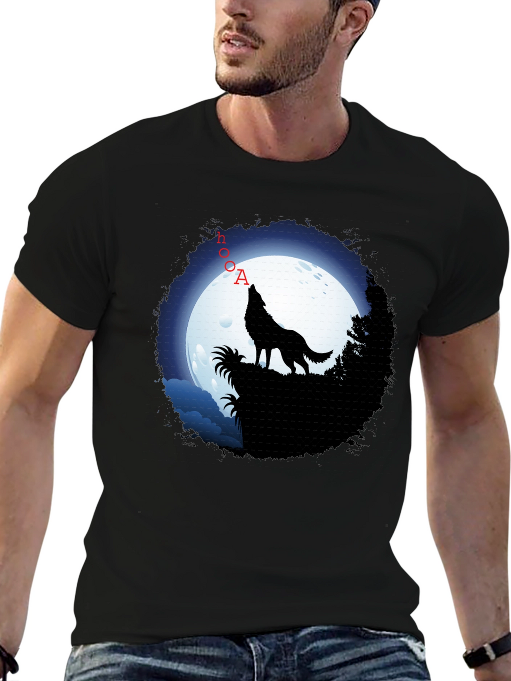 Wolf Howling at Moon Graphic T-Shirt - Black