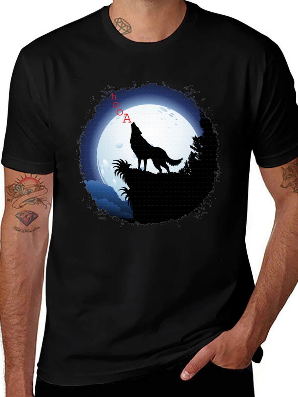 Wolf Howling at Moon Graphic T-Shirt - Black