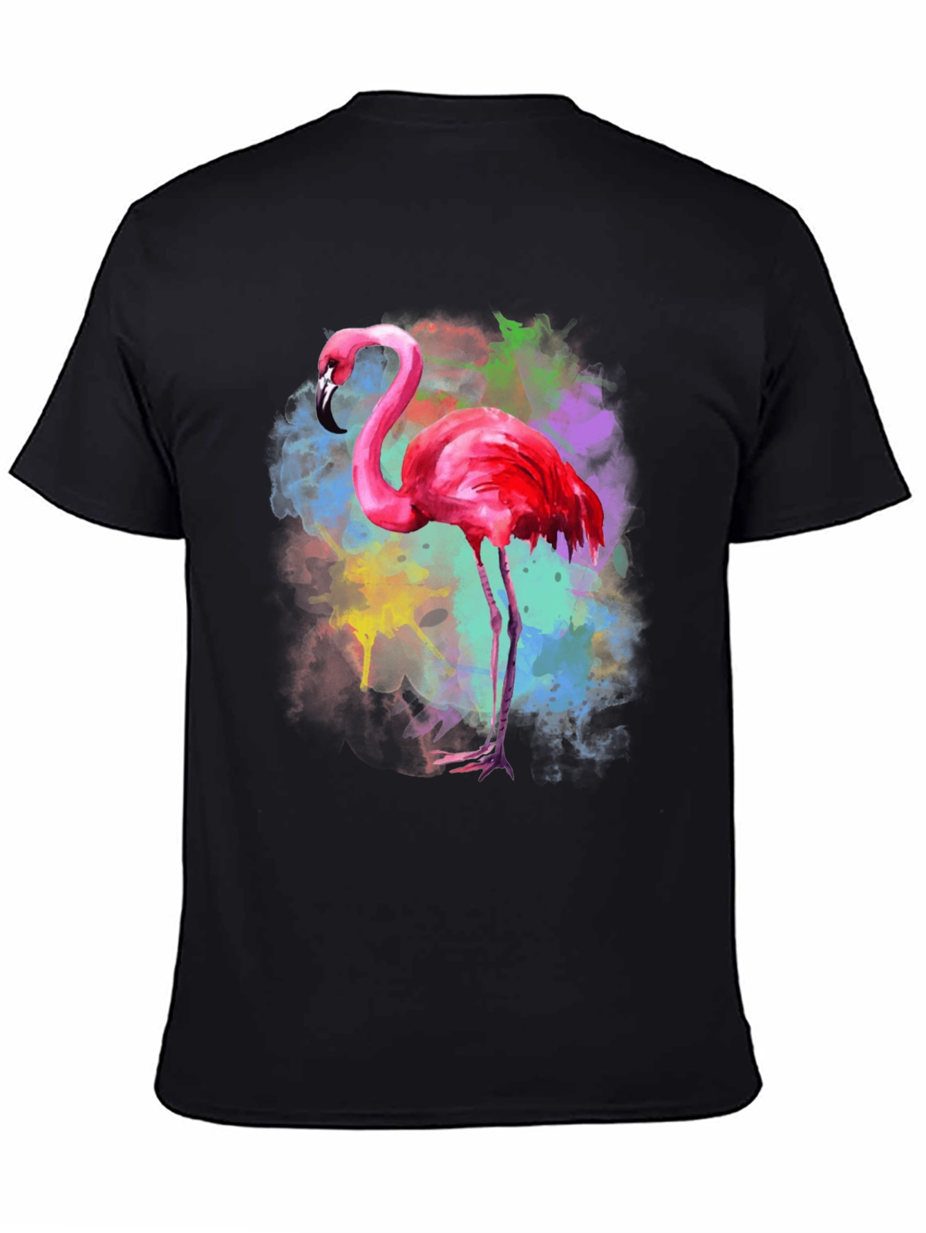 Flamingo Watercolor Graphic Tee - Black Cotton T-Shirt