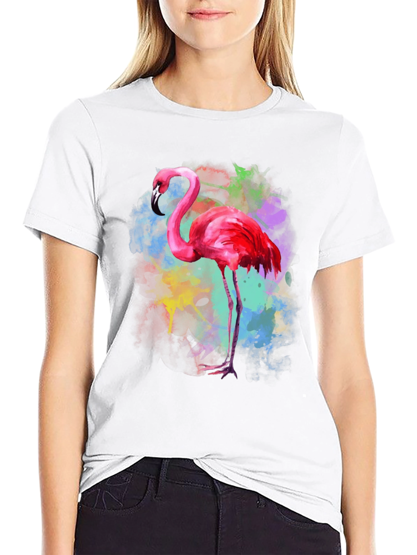 Flamingo Watercolor Graphic Tee - Black Cotton T-Shirt
