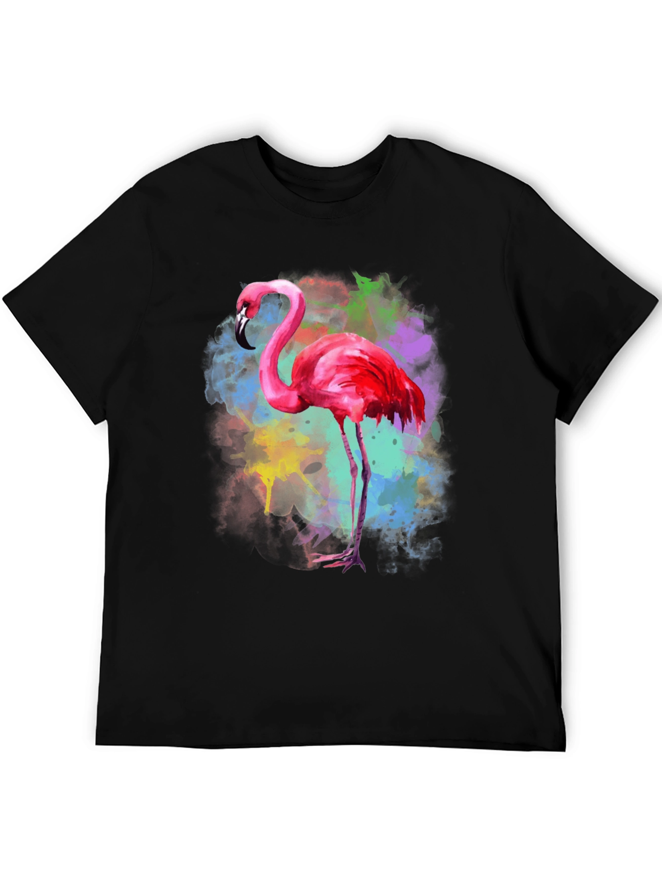 Flamingo Watercolor Graphic Tee - Black Cotton T-Shirt