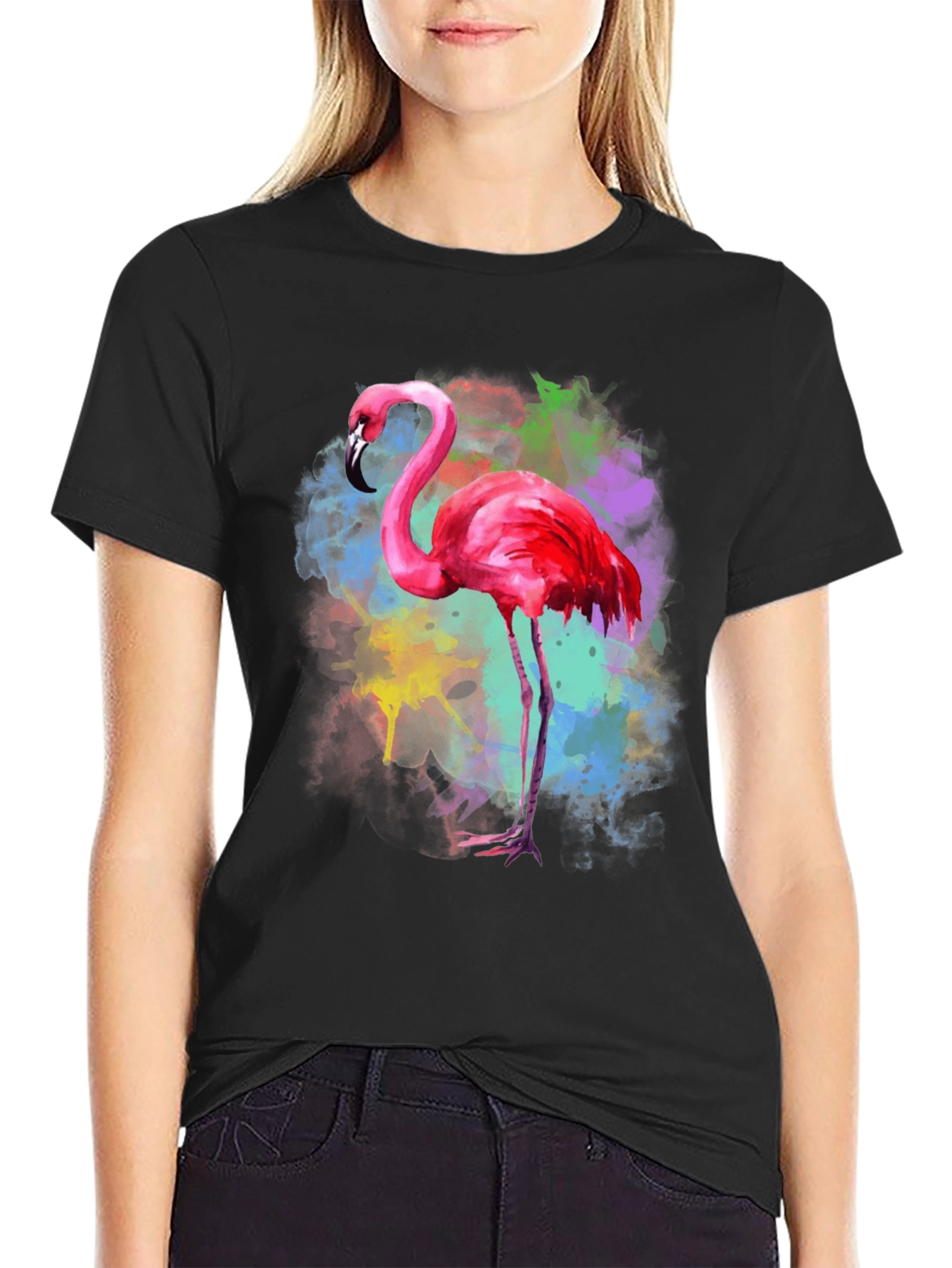Flamingo Watercolor Graphic Tee - Black Cotton T-Shirt