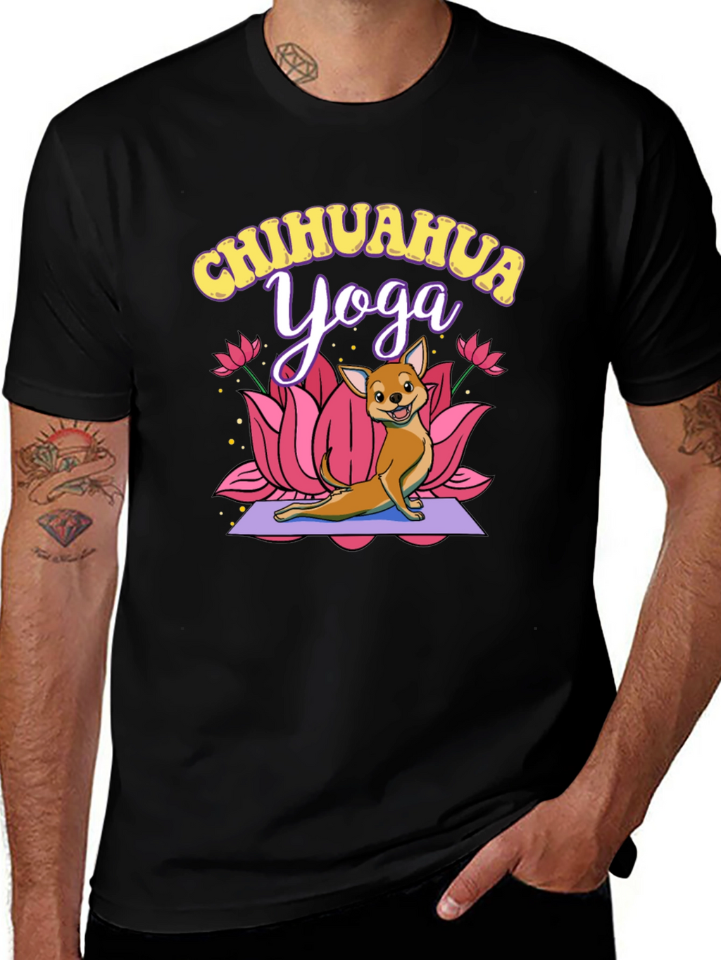 Chihuahua Yoga Graphic Tee - Black Cotton T-Shirt
