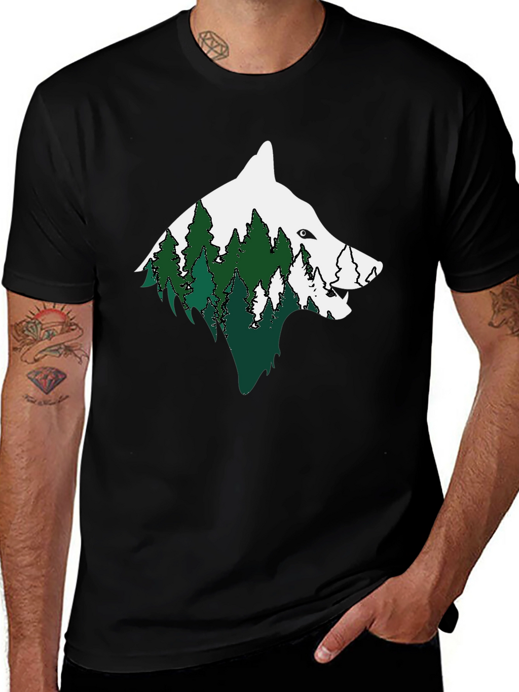 Wolf & Forest Graphic Print Mens Black T-Shirt