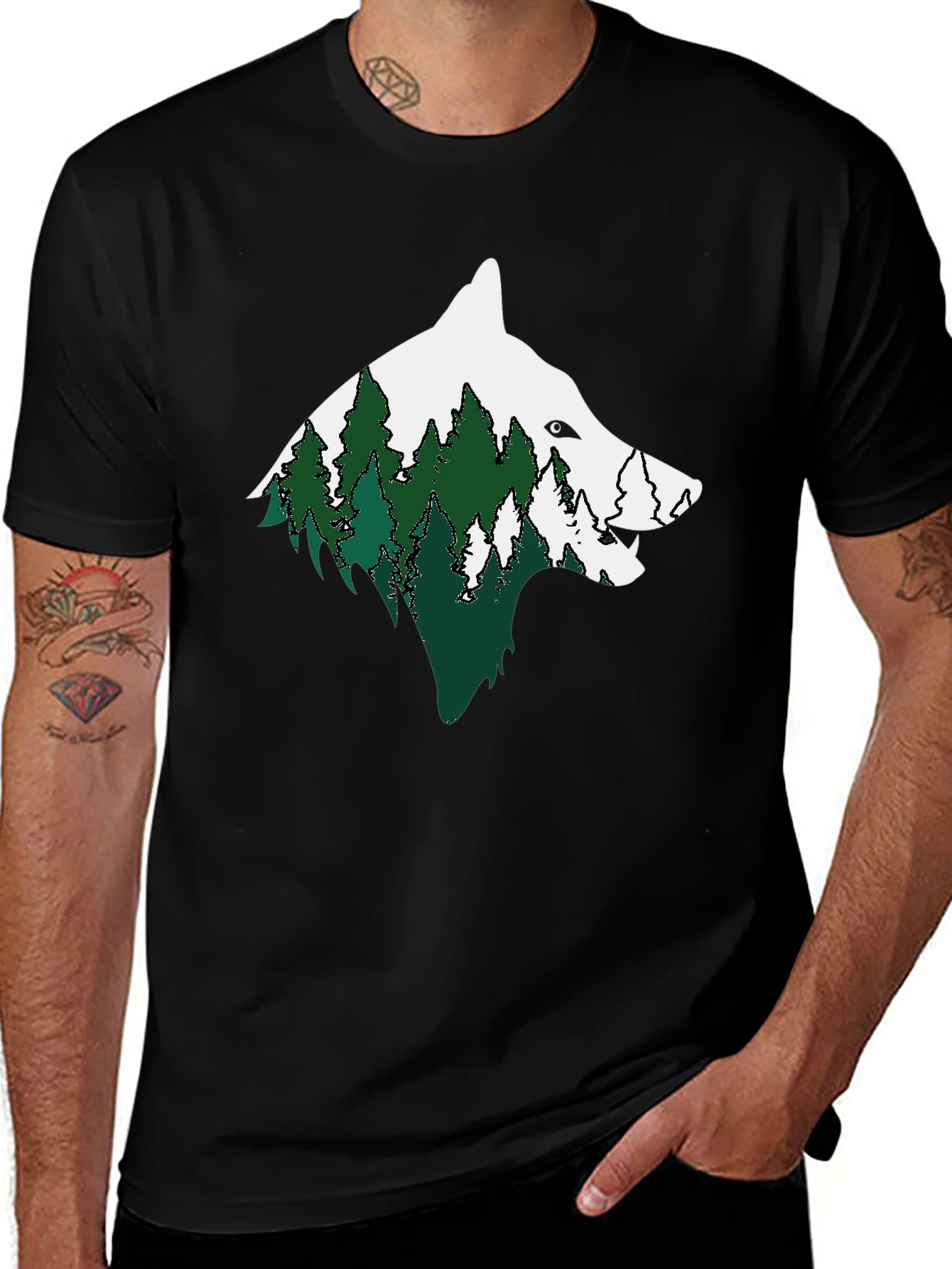 Wolf & Forest Graphic Print Mens Black T-Shirt