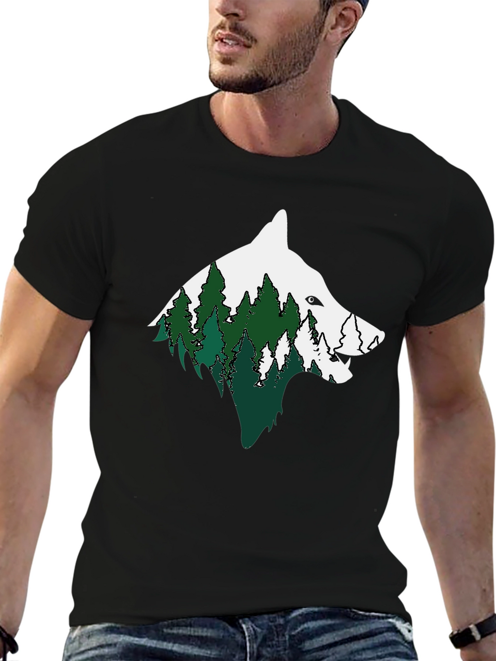 Wolf & Forest Graphic Print Mens Black T-Shirt