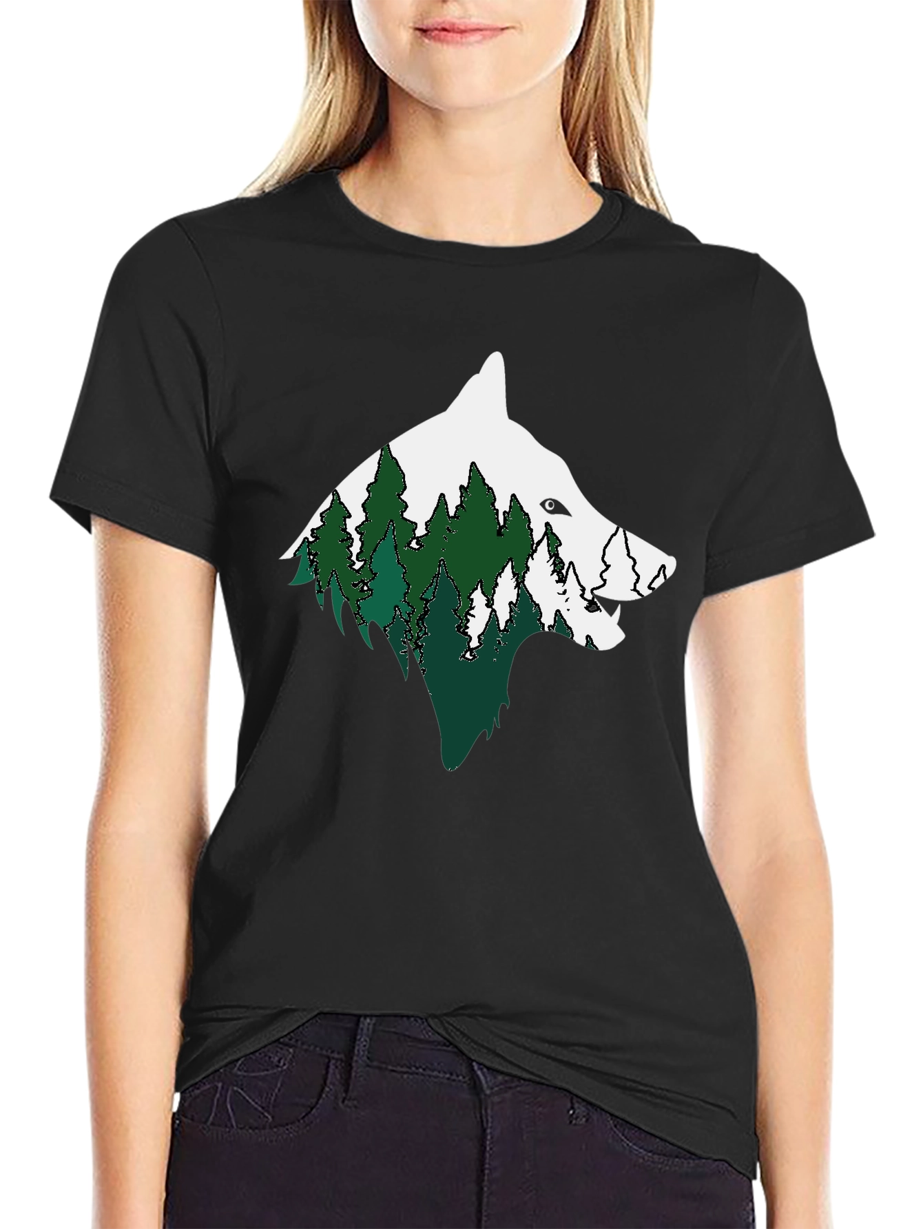 Wolf & Forest Graphic Print Mens Black T-Shirt