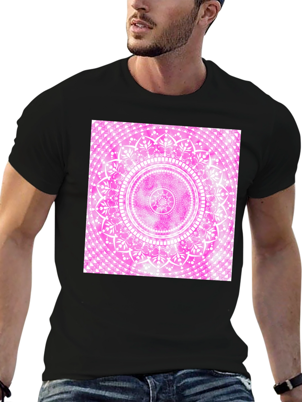 Pink Mandala Graphic Tee - Black Cotton Blend