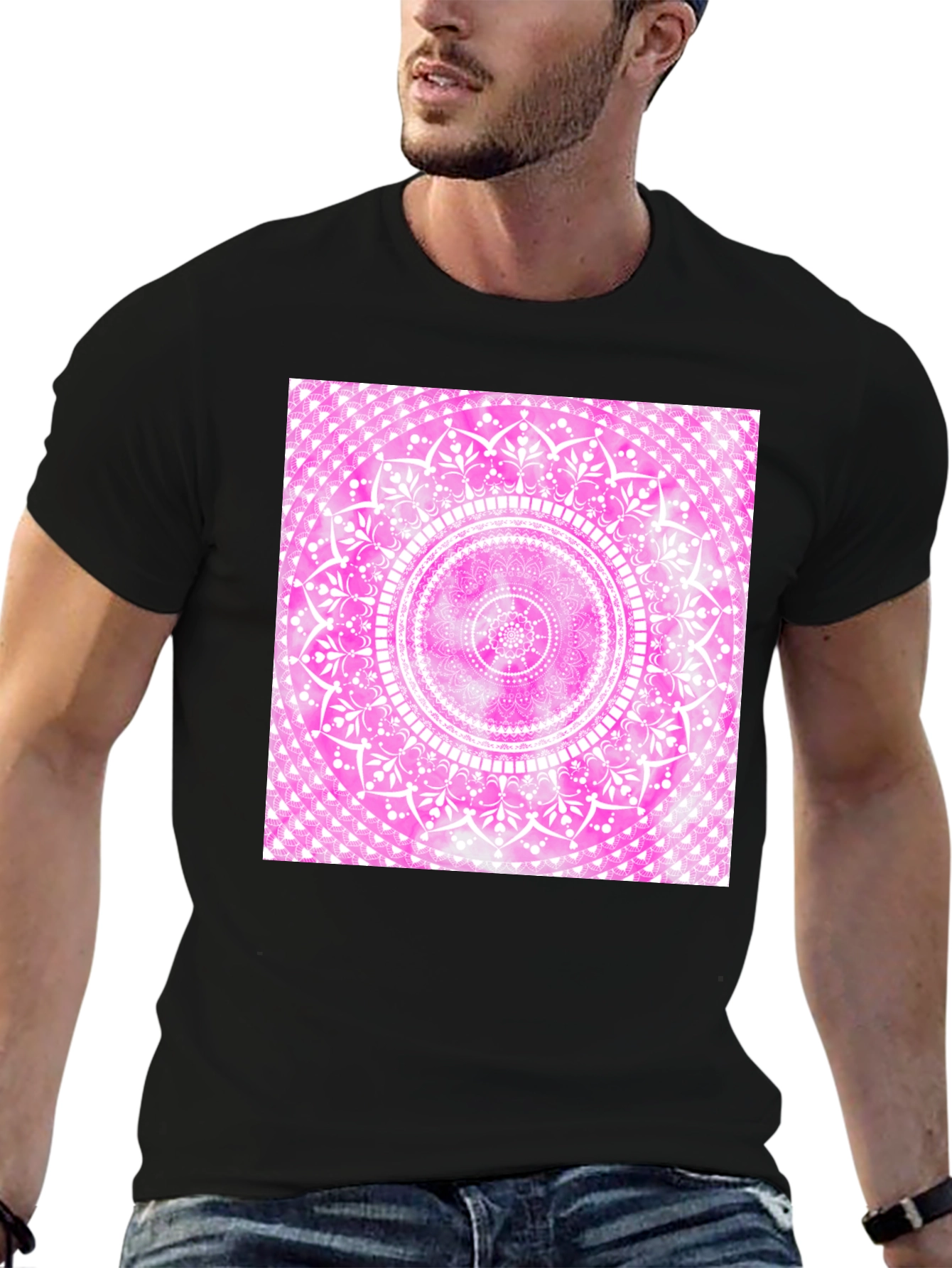 Pink Mandala Graphic Tee - Black Cotton Blend