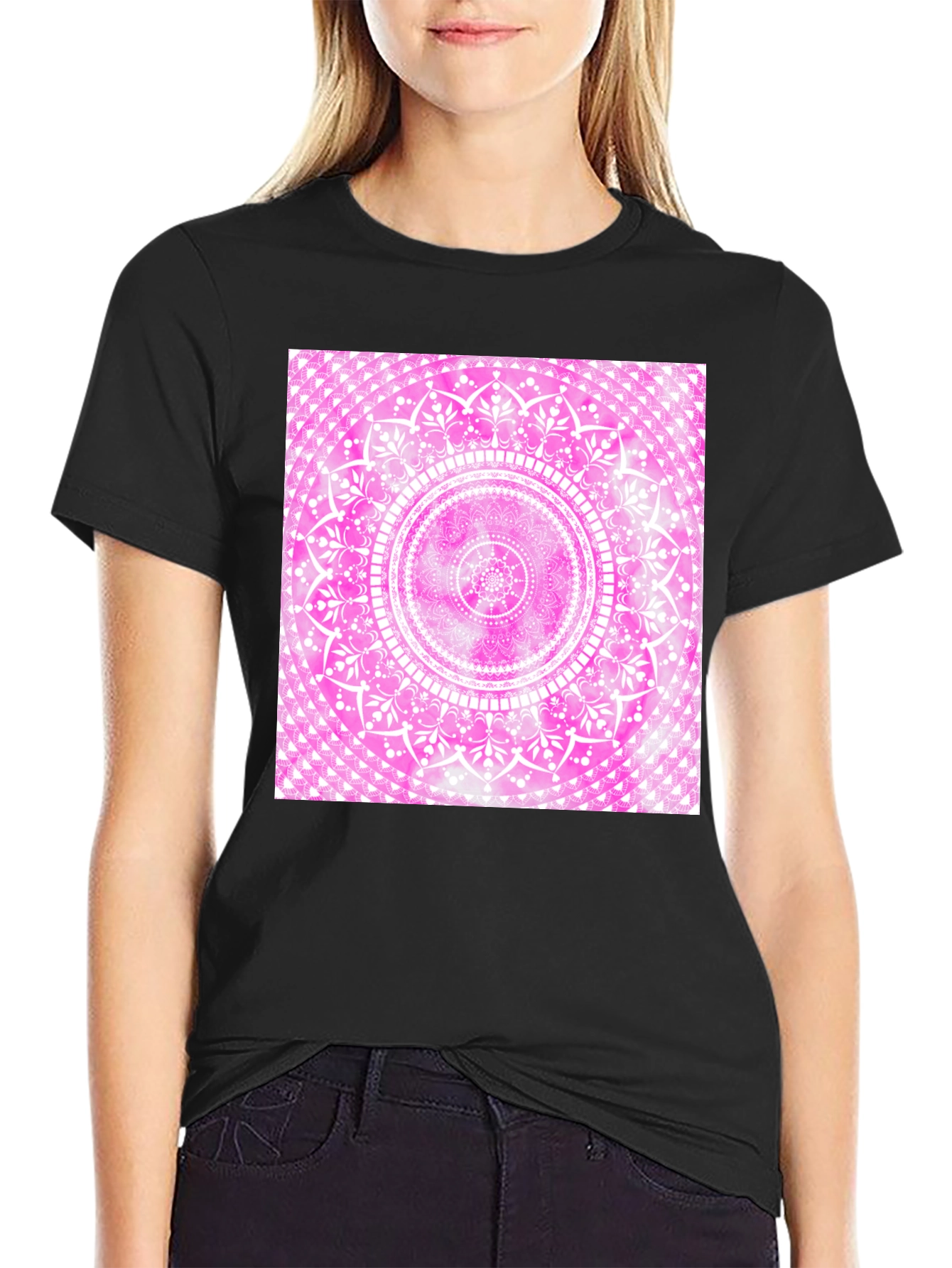 Pink Mandala Graphic Tee - Black Cotton Blend