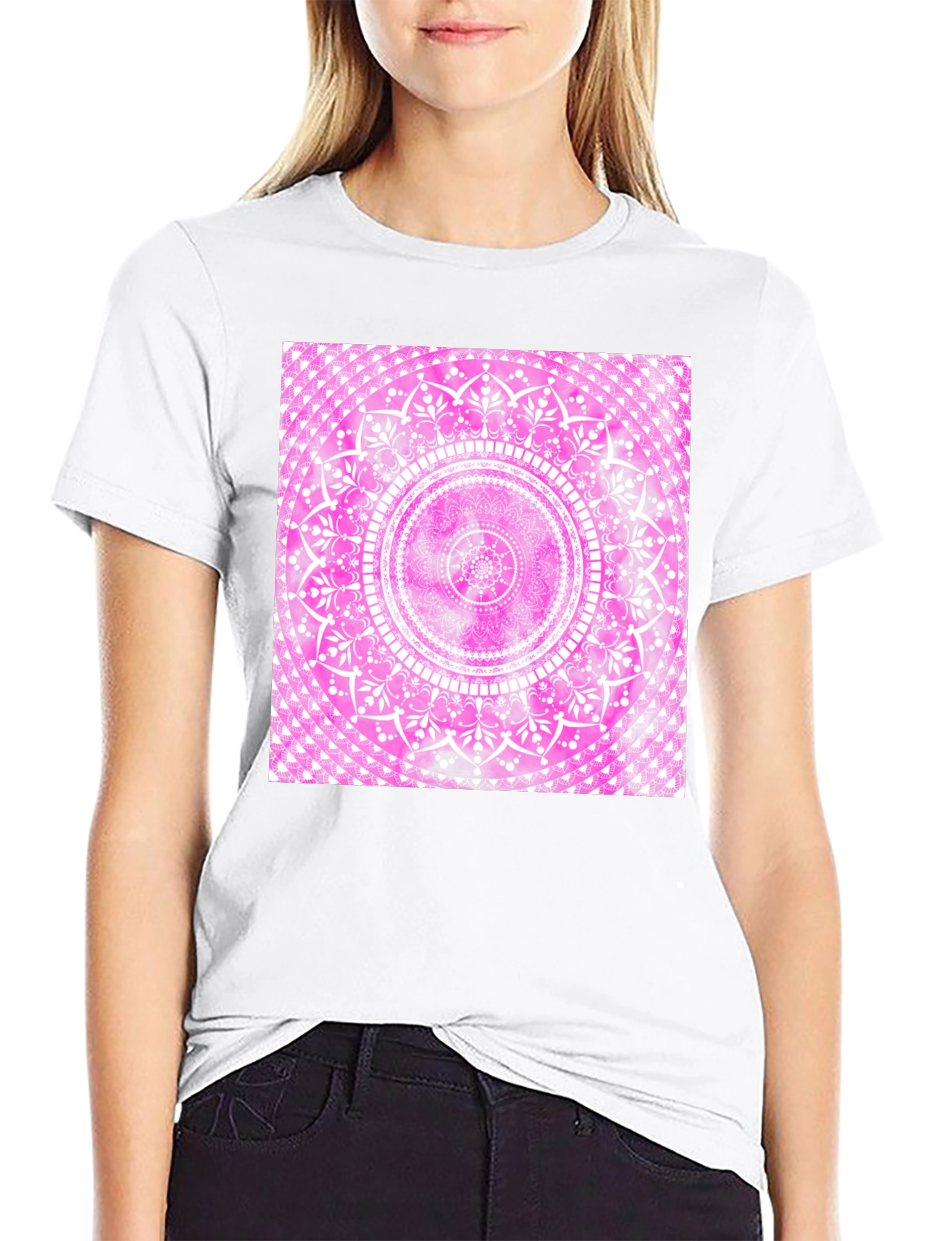 Pink Mandala Graphic Tee - Black Cotton Blend