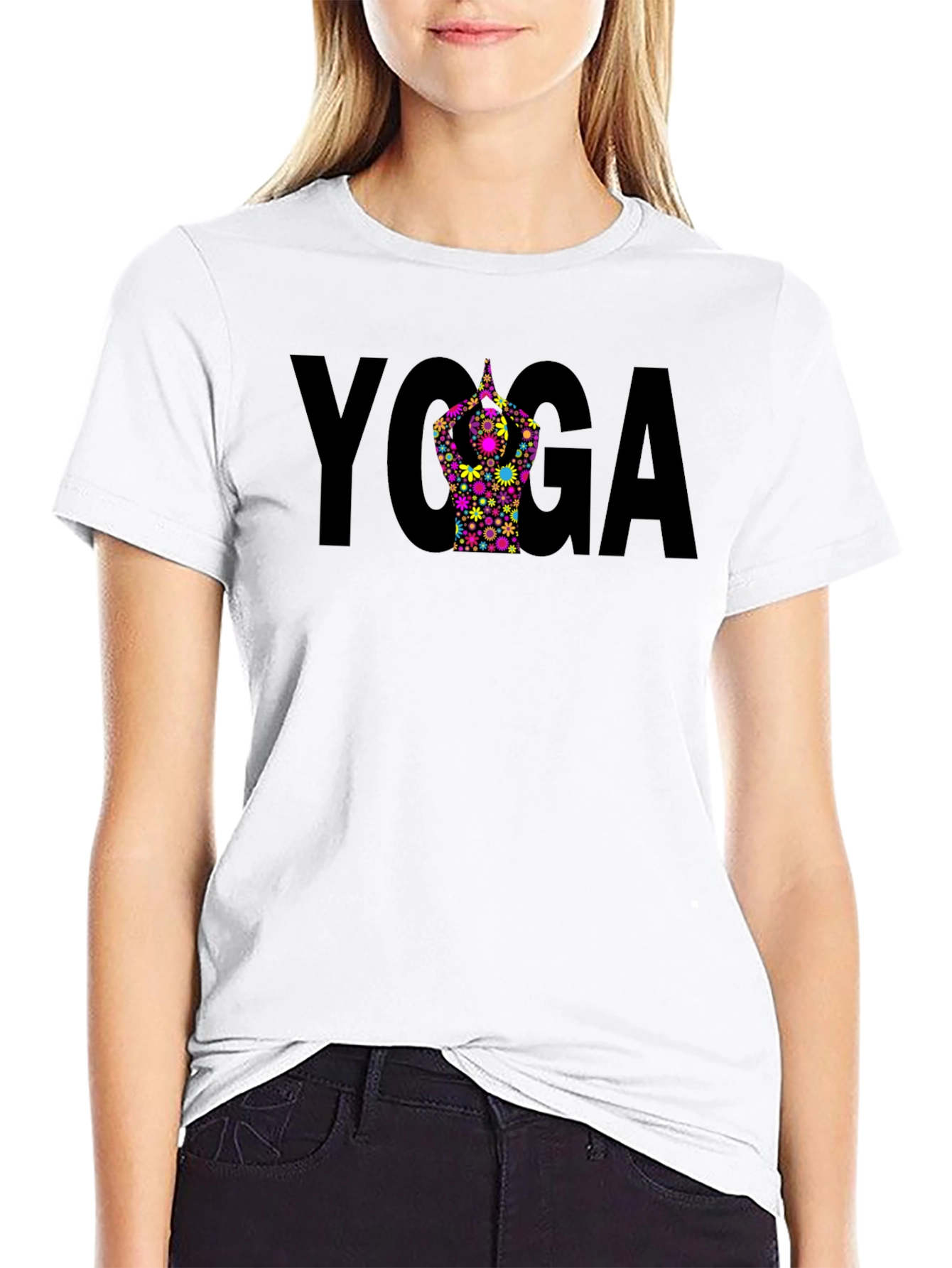 Yoga Pose Flower Graphic Black T-Shirt