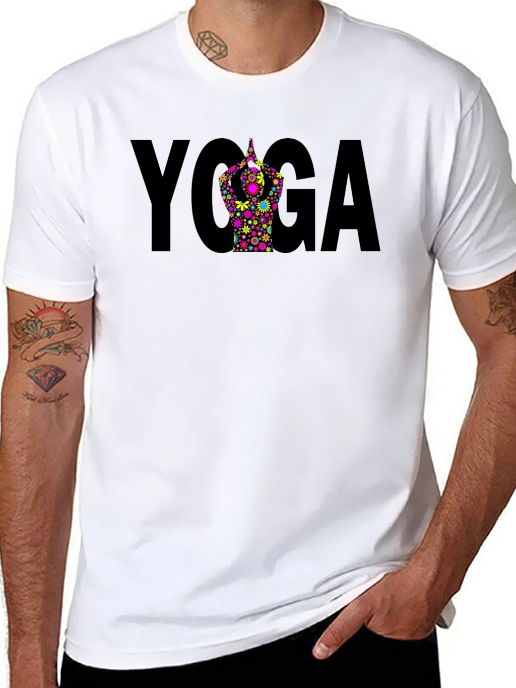 Yoga Pose Flower Graphic Black T-Shirt
