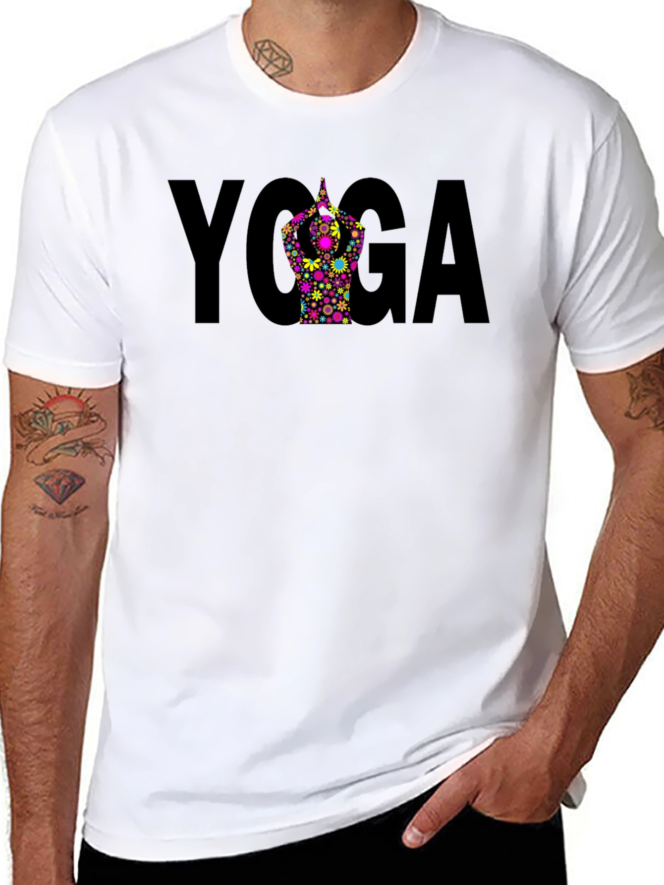 Yoga Pose Flower Graphic Black T-Shirt
