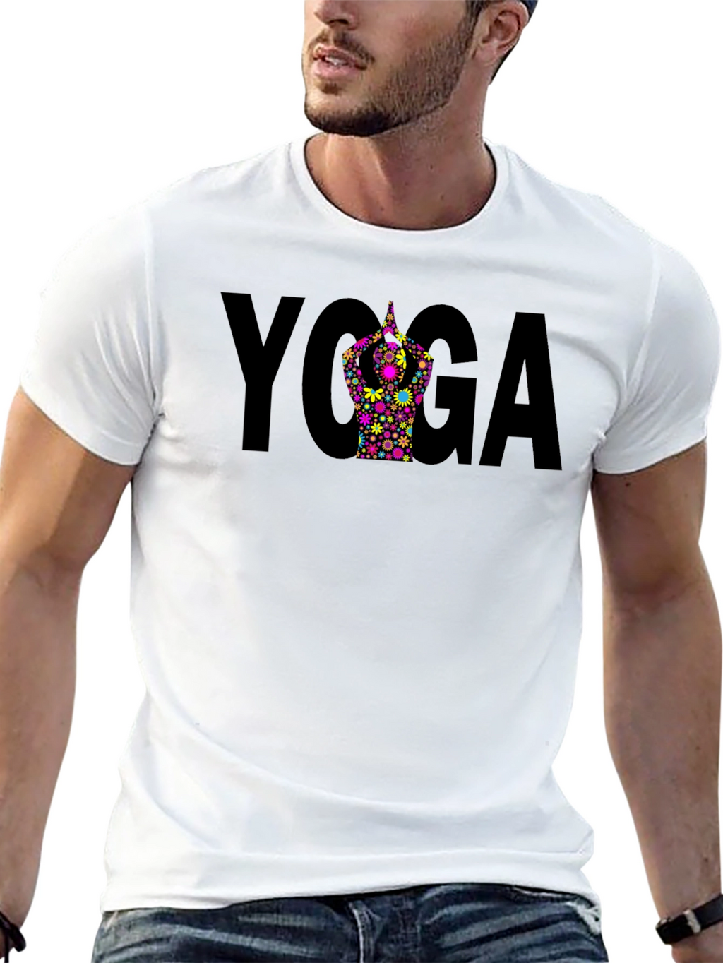 Yoga Pose Flower Graphic Black T-Shirt