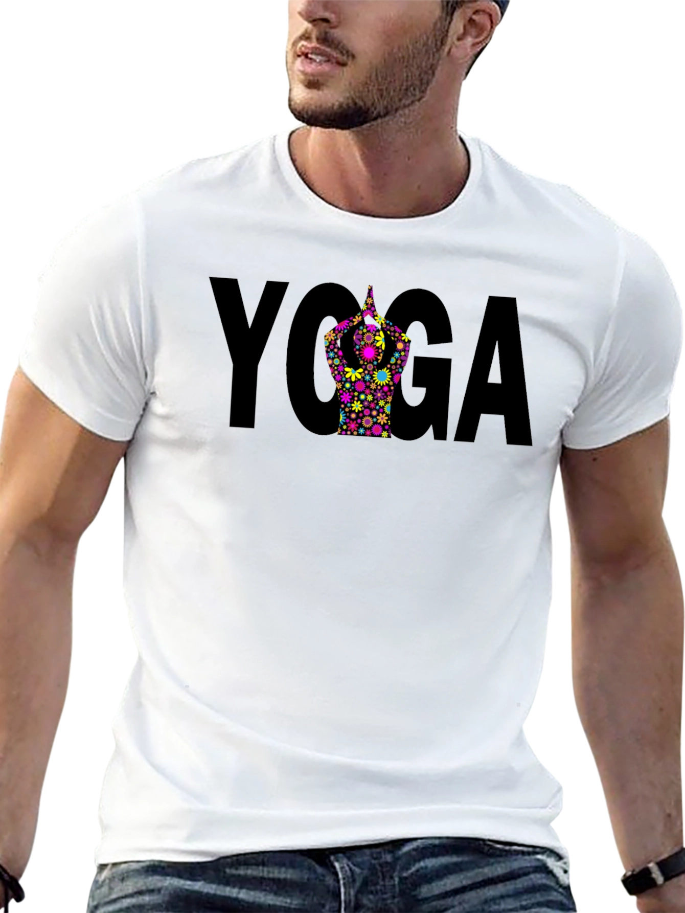 Yoga Pose Flower Graphic Black T-Shirt
