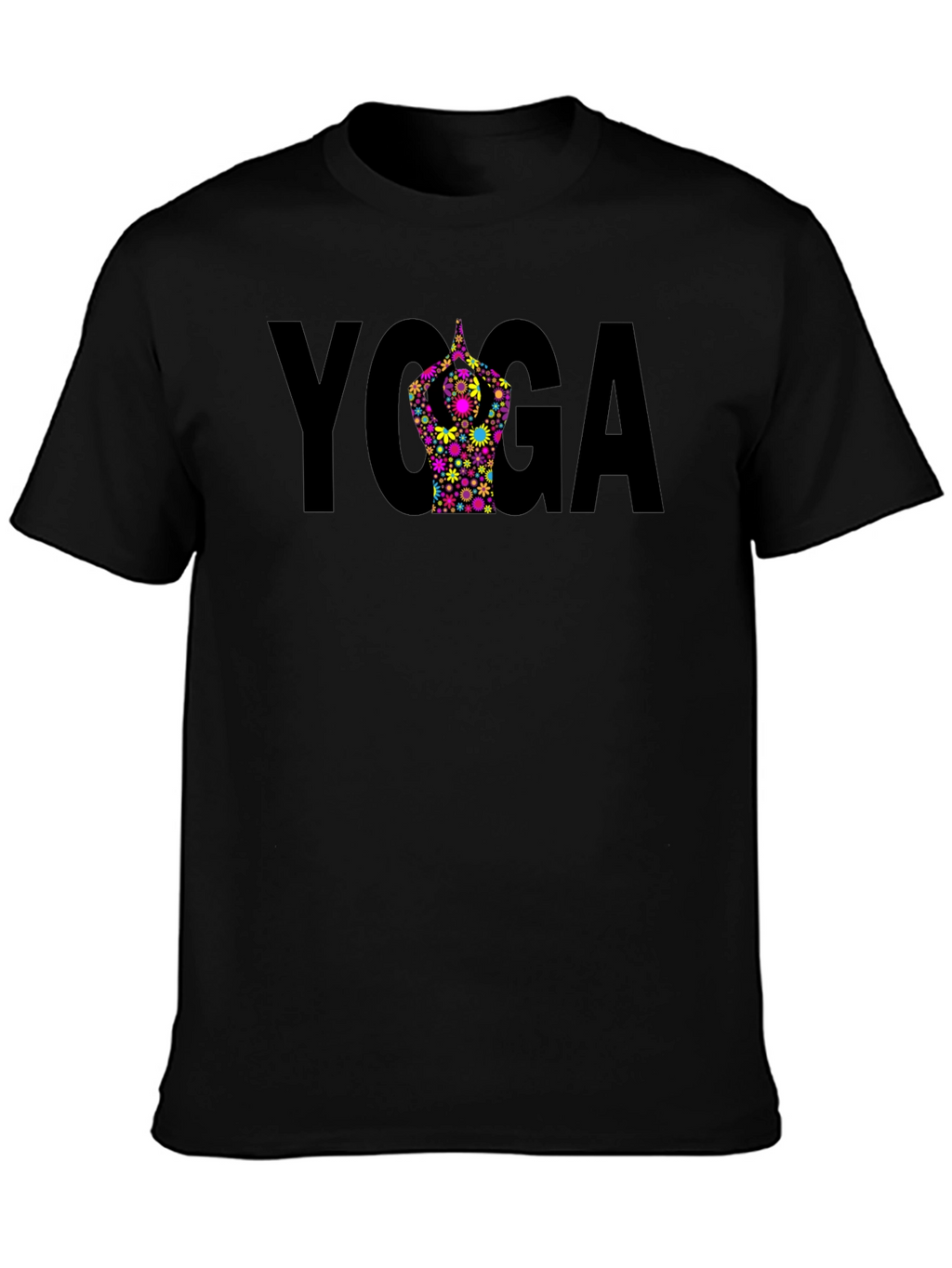 Yoga Pose Flower Graphic Black T-Shirt
