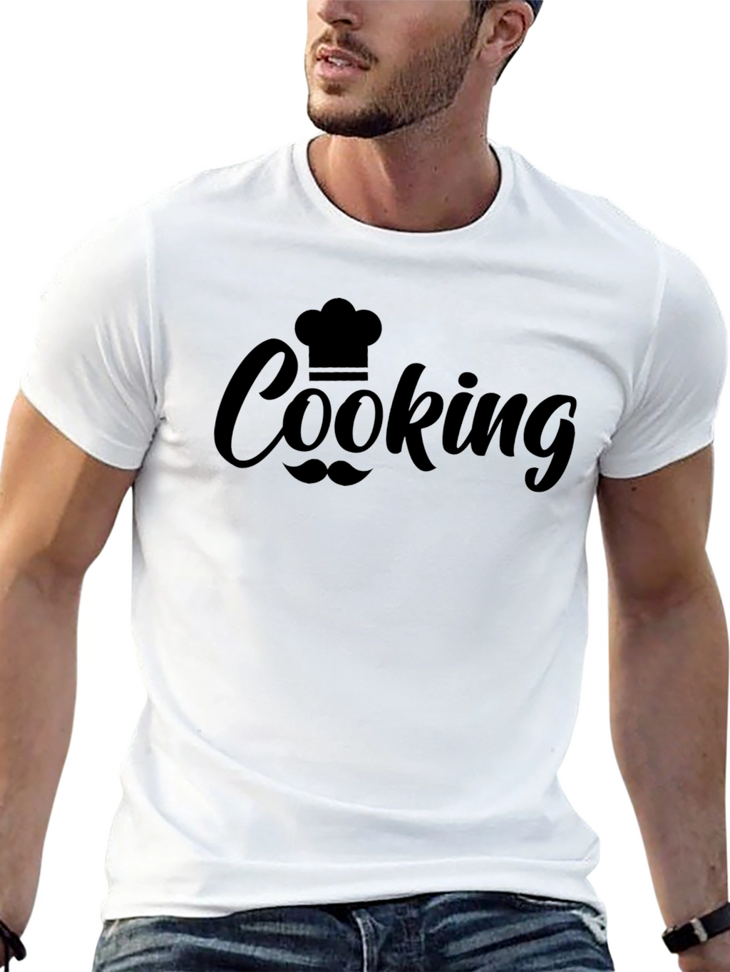 Cooking Chef Hat & Mustache Graphic Black T-Shirt