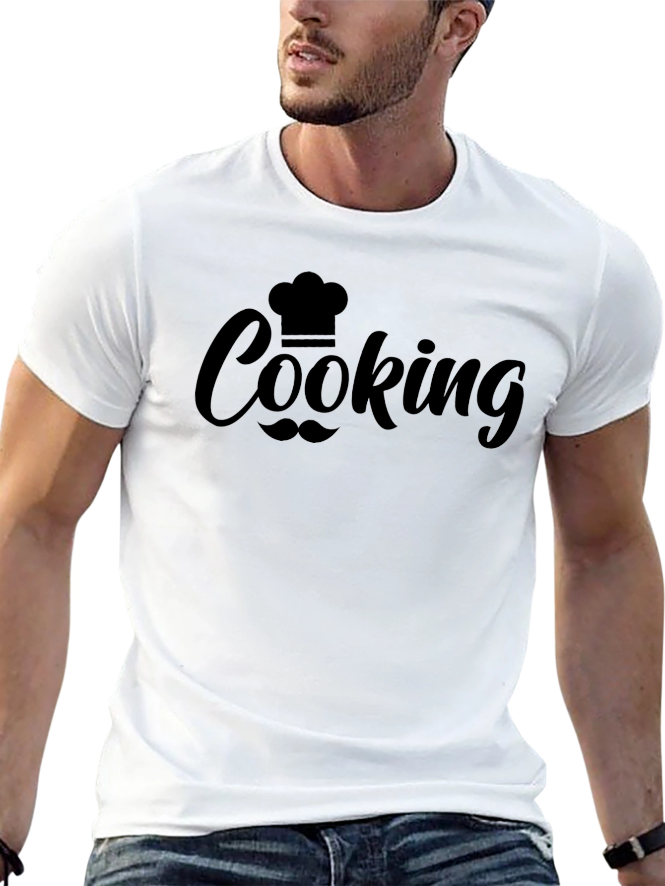 Cooking Chef Hat & Mustache Graphic Black T-Shirt