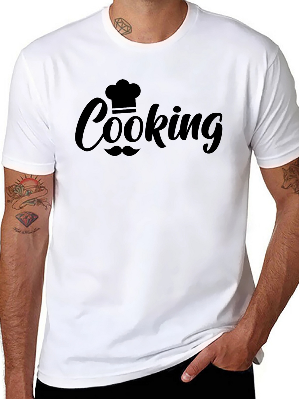 Cooking Chef Hat & Mustache Graphic Black T-Shirt