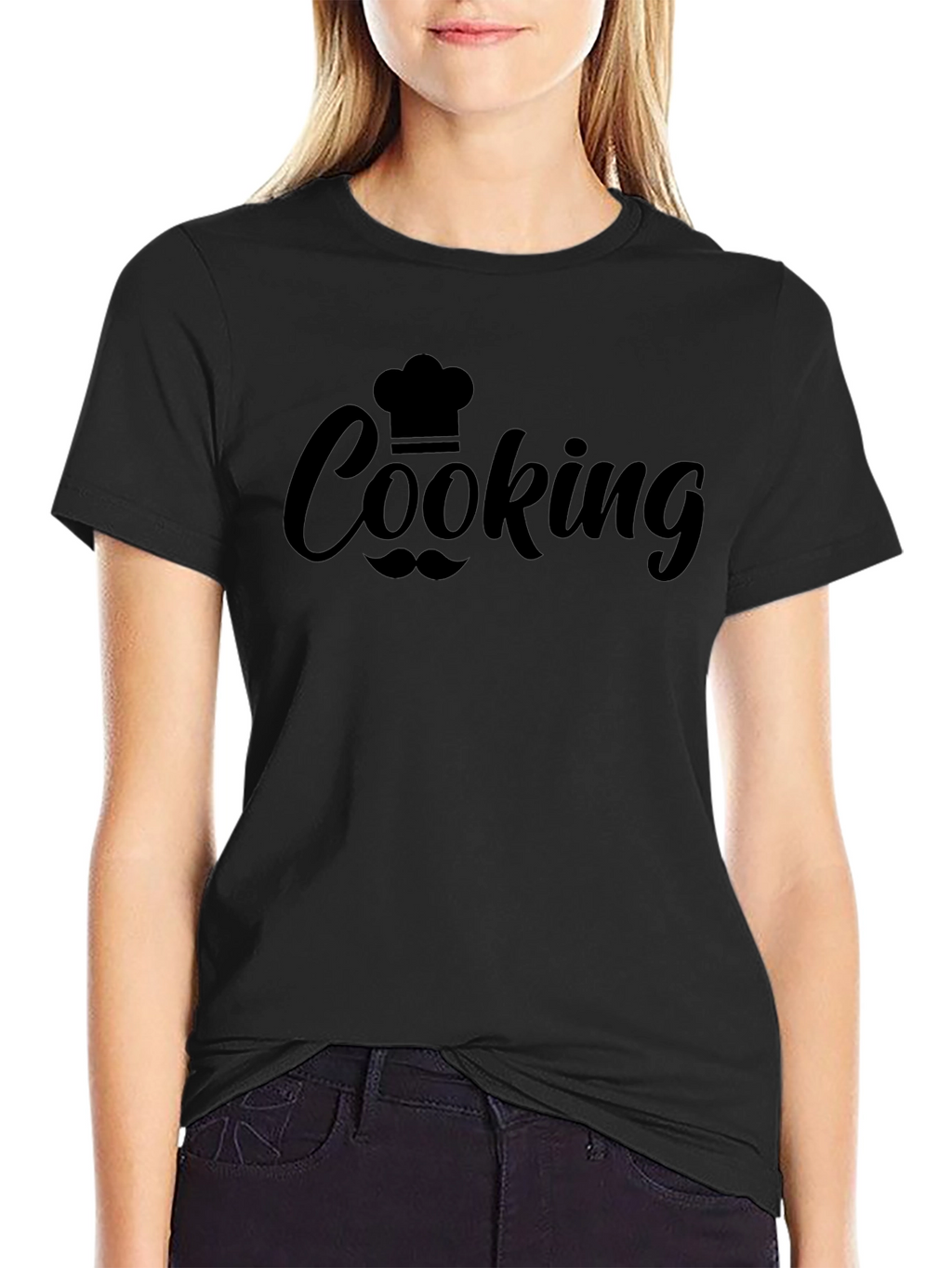 Cooking Chef Hat & Mustache Graphic Black T-Shirt