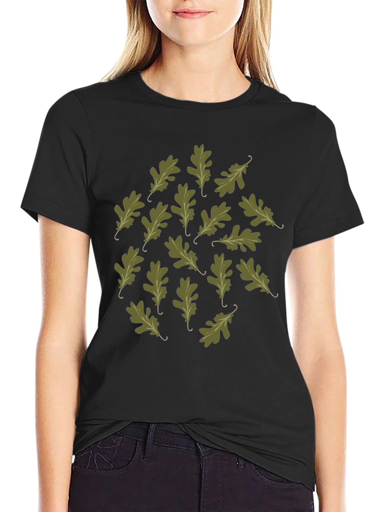 Oak Leaf Pattern Black T-Shirt