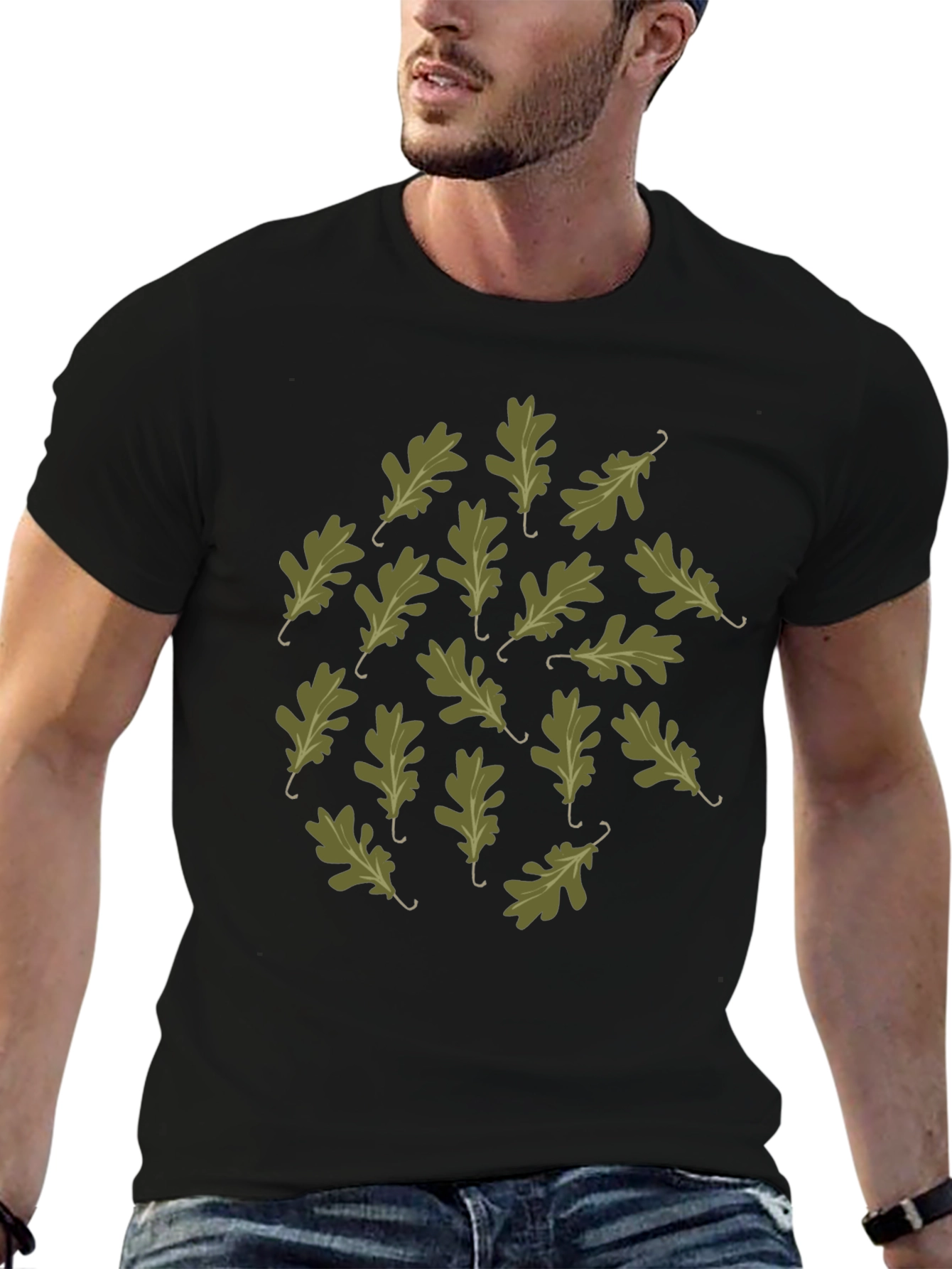 Oak Leaf Pattern Black T-Shirt