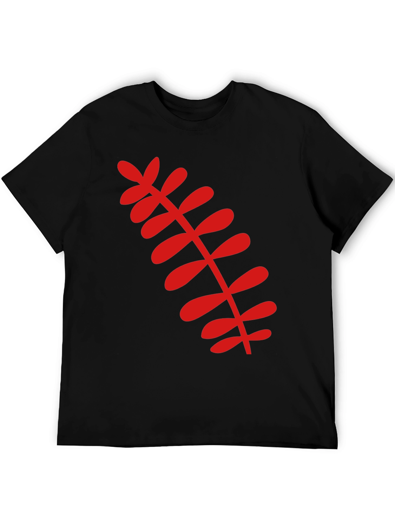 Black T-Shirt with Red Botanical Leaf Design