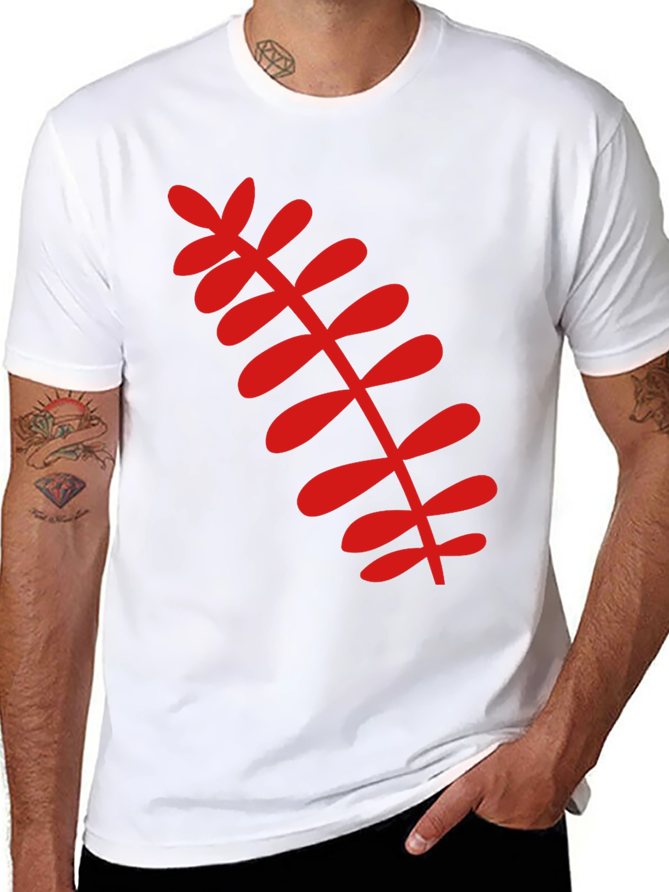 Black T-Shirt with Red Botanical Leaf Design