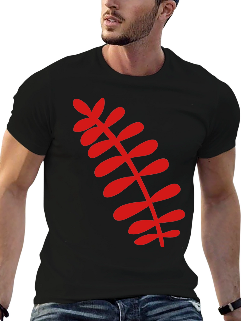 Black T-Shirt with Red Botanical Leaf Design