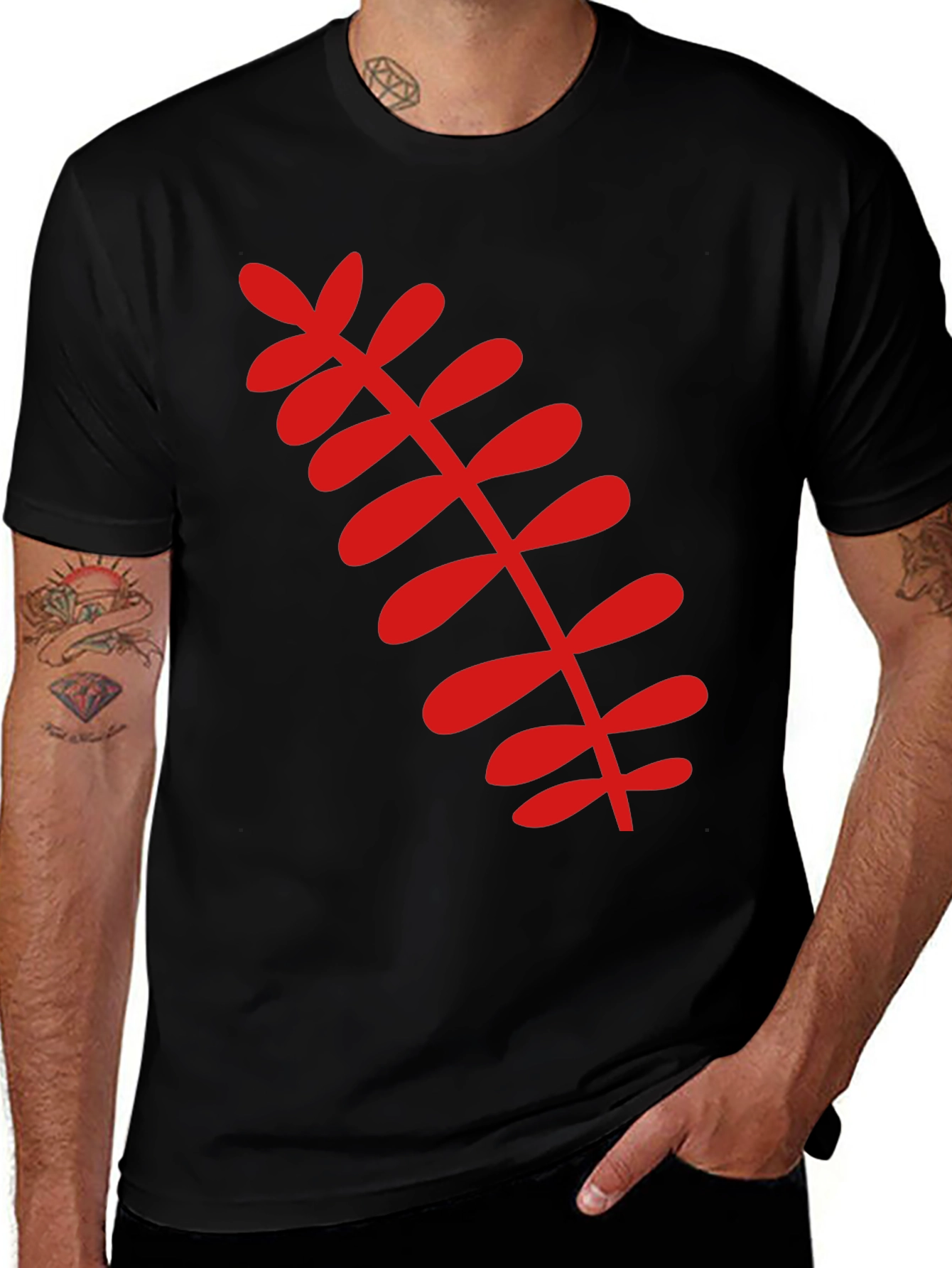 Black T-Shirt with Red Botanical Leaf Design