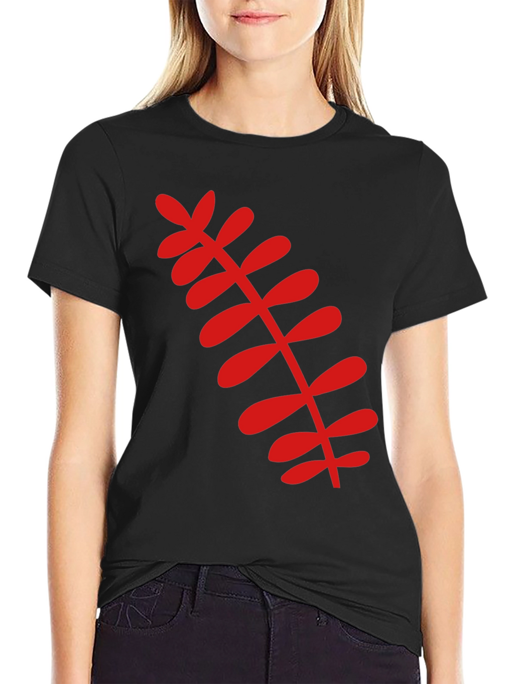 Black T-Shirt with Red Botanical Leaf Design