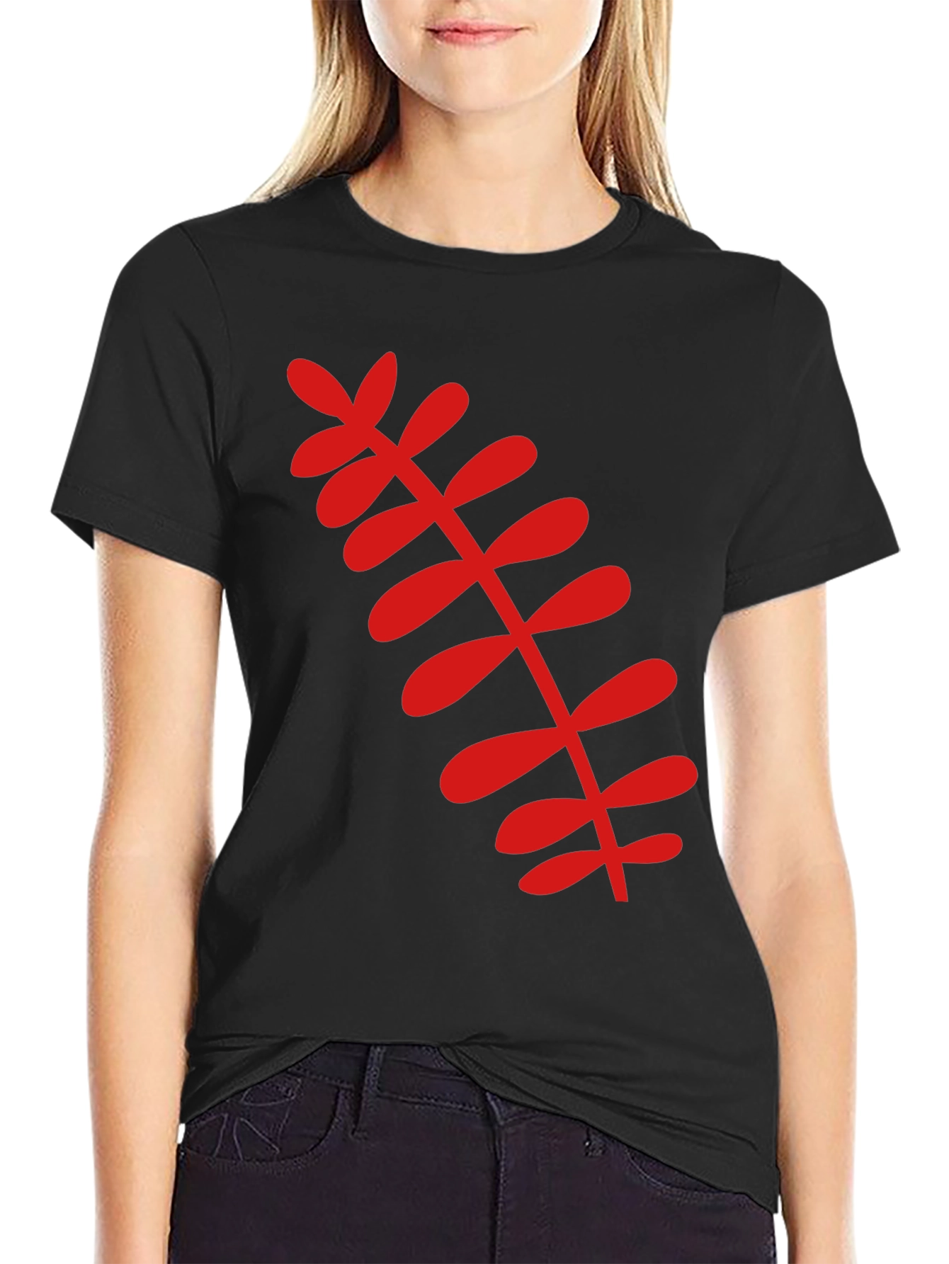 Black T-Shirt with Red Botanical Leaf Design