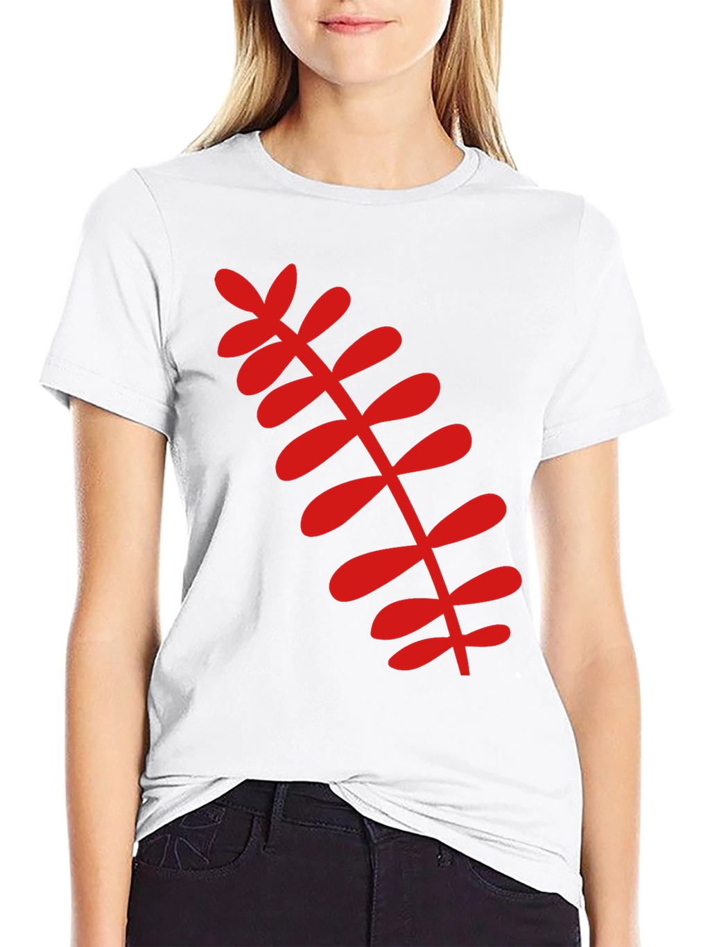 Black T-Shirt with Red Botanical Leaf Design