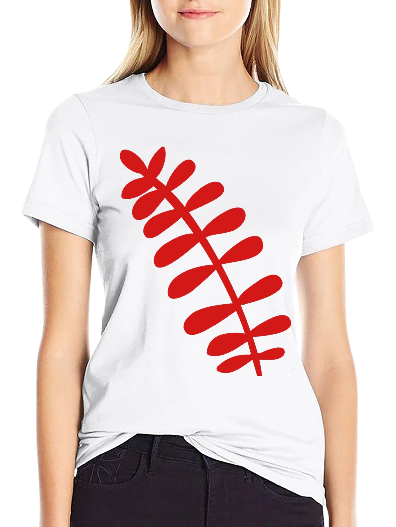 Black T-Shirt with Red Botanical Leaf Design