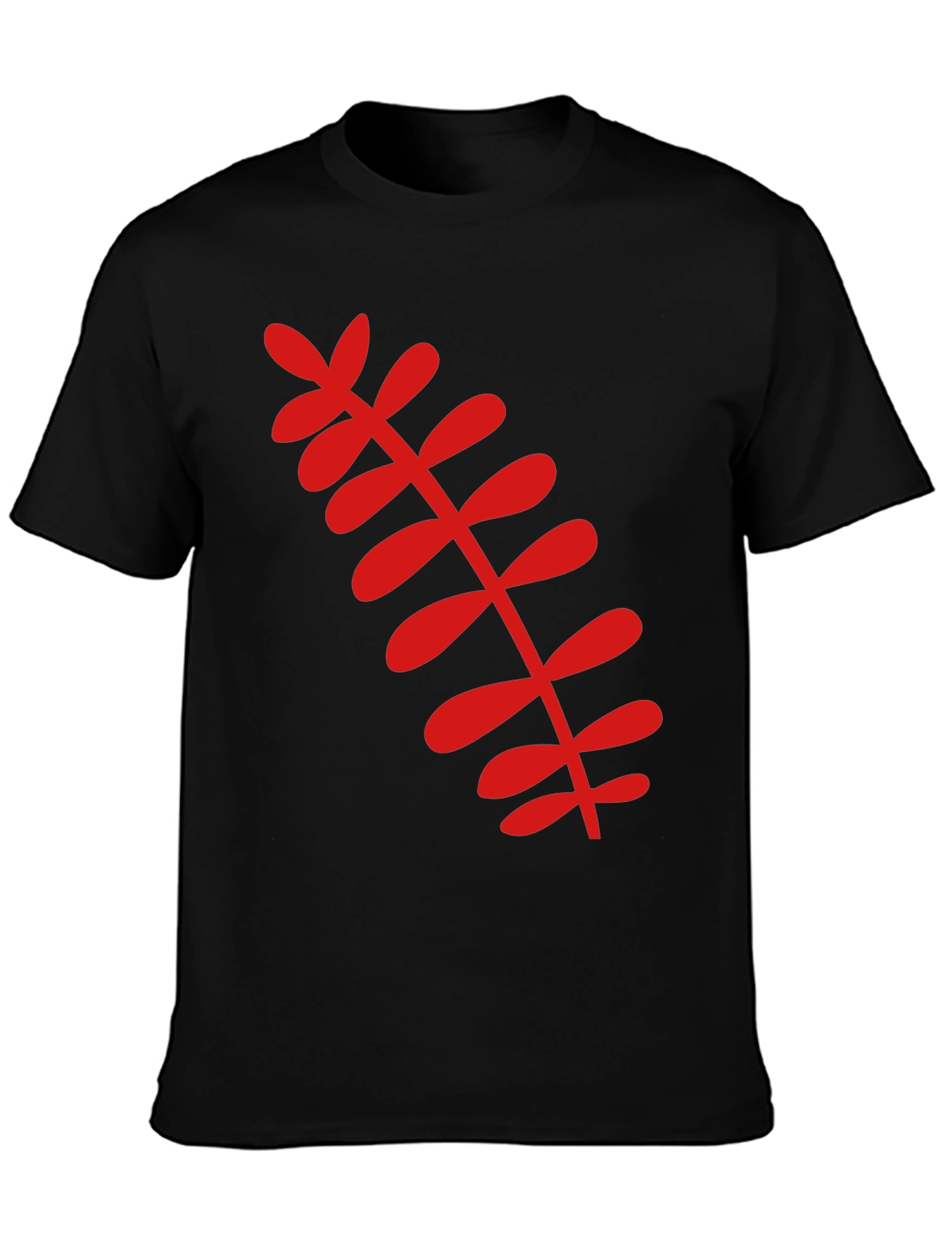 Black T-Shirt with Red Botanical Leaf Design