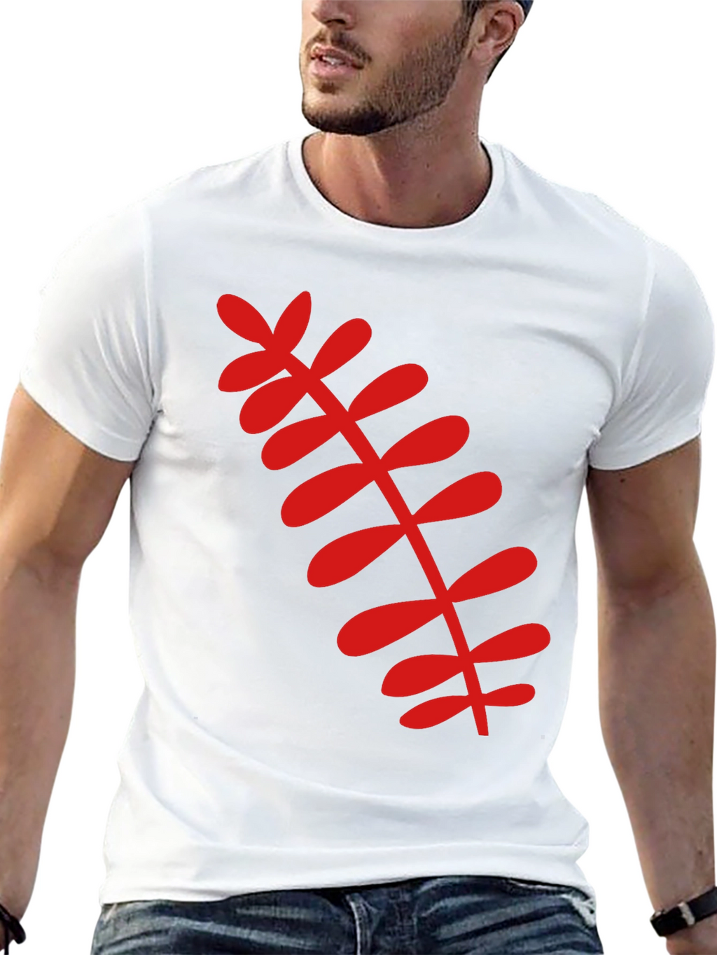 Black T-Shirt with Red Botanical Leaf Design