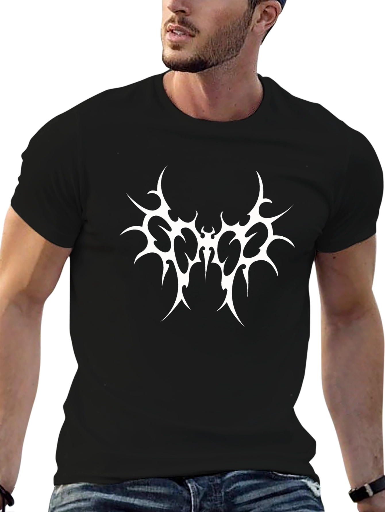 Edgy Graphic Tee: Black T-Shirt with White Tribal Design