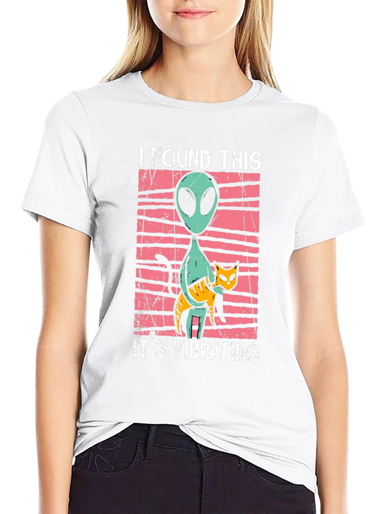 Alien & Cat Vibrating Humor Graphic Tee