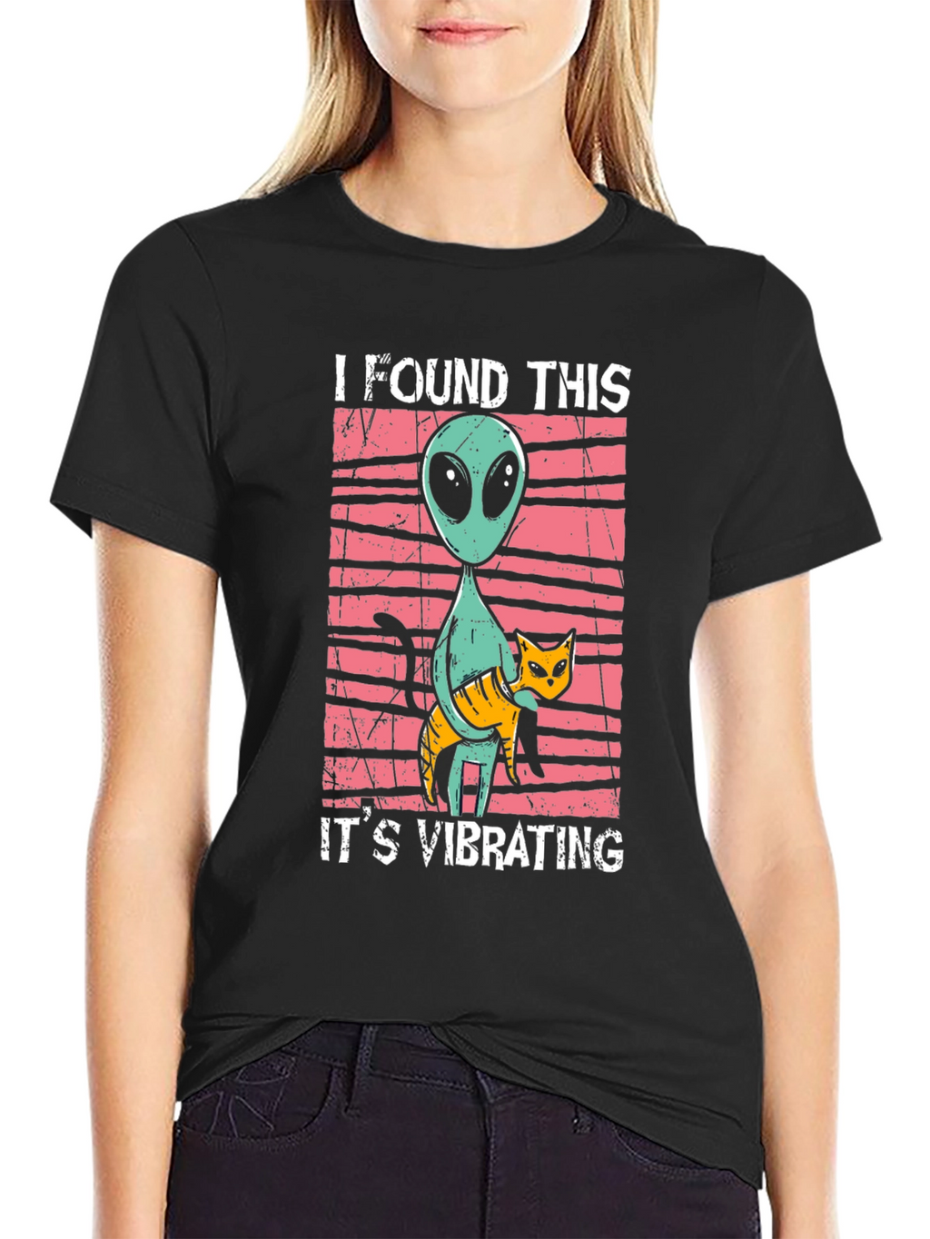 Alien & Cat Vibrating Humor Graphic Tee