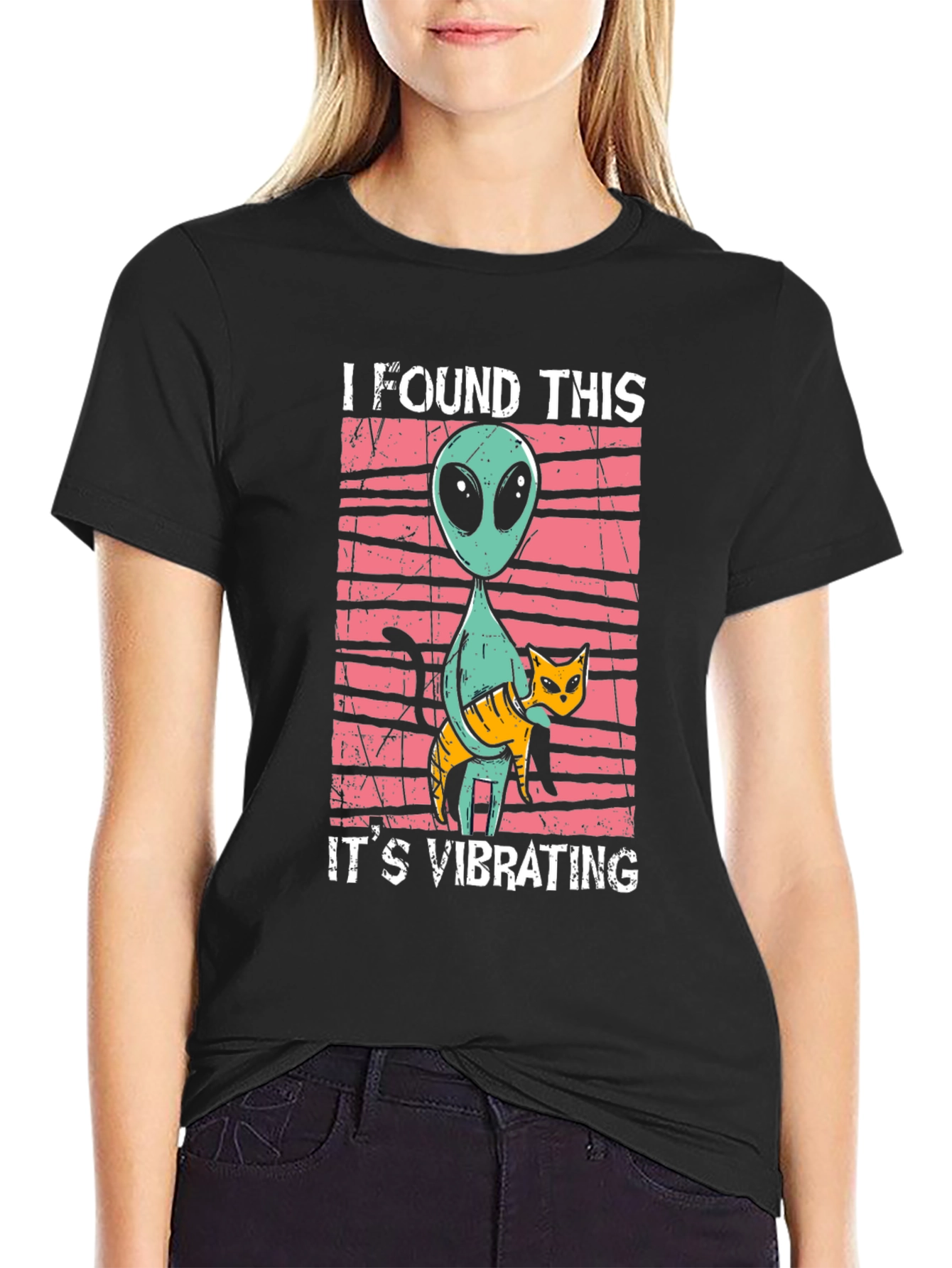 Alien & Cat Vibrating Humor Graphic Tee