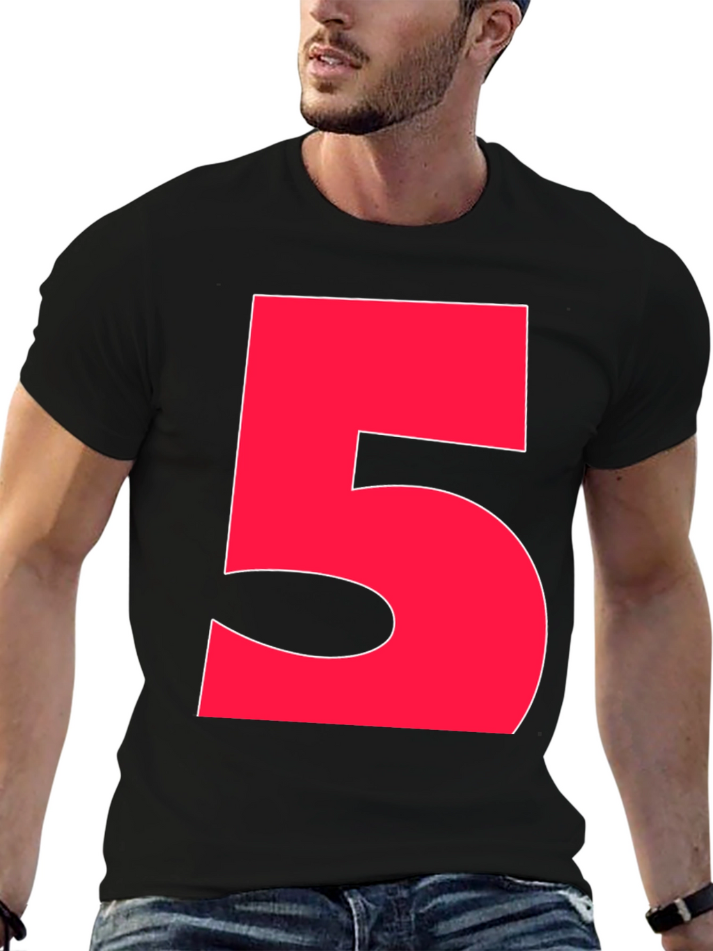 Bold Red Number 5 Graphic Tee - Black