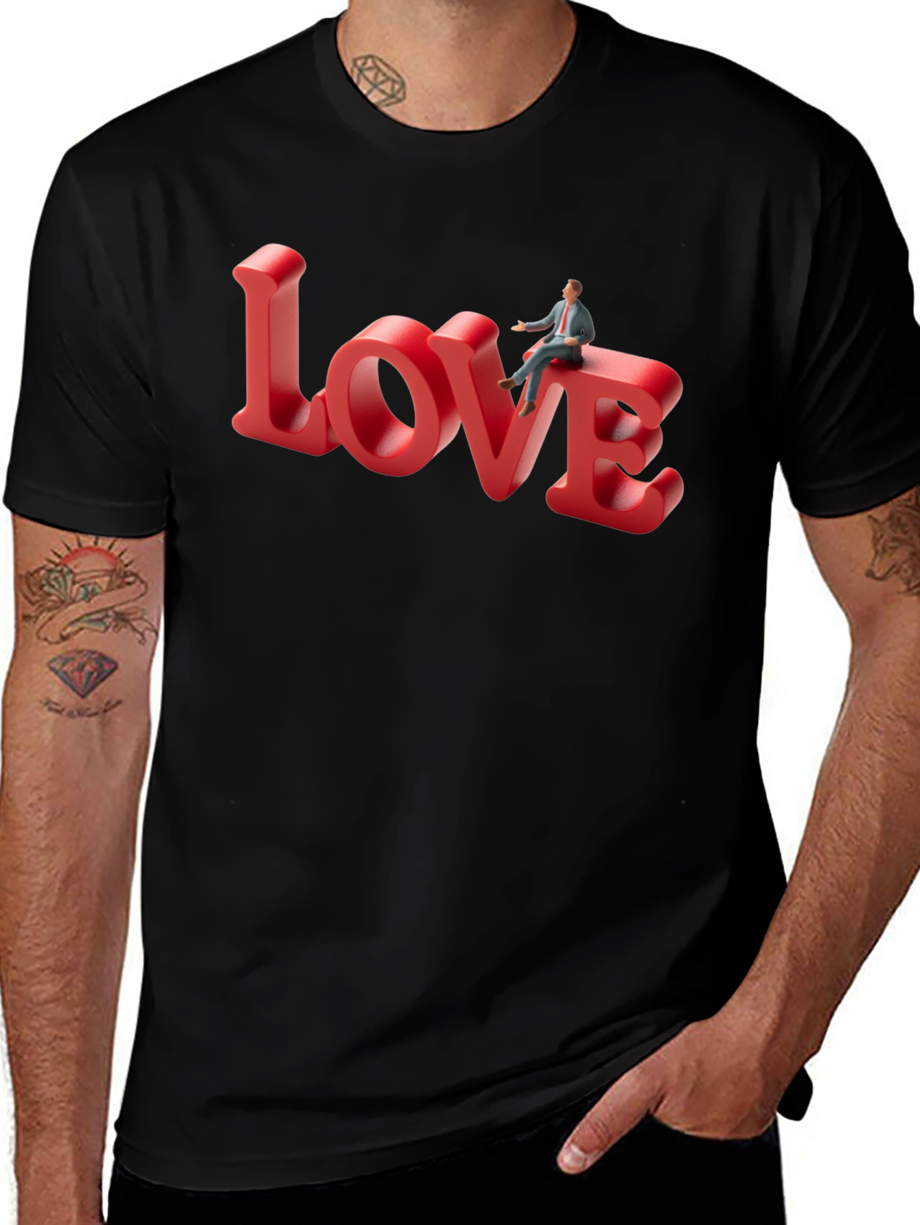 Love T-Shirt: Man Sitting on Word Art