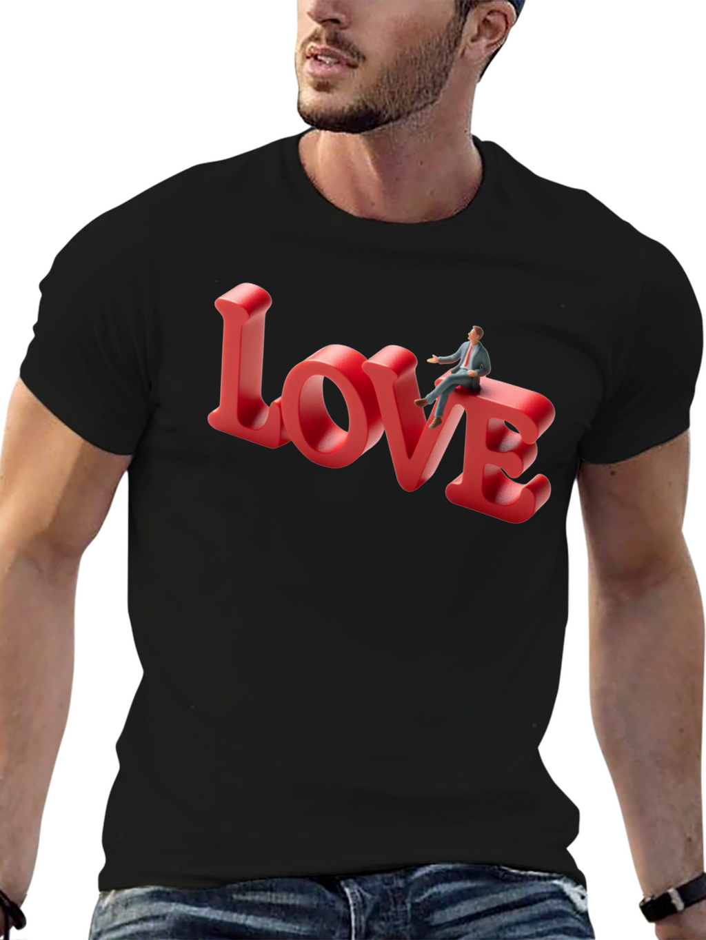 Love T-Shirt: Man Sitting on Word Art
