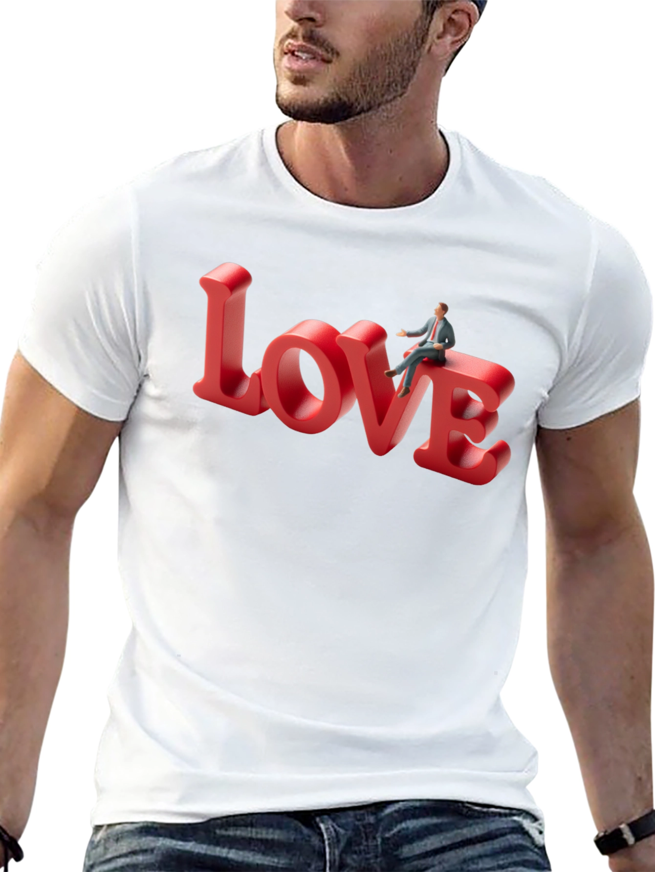 Love T-Shirt: Man Sitting on Word Art